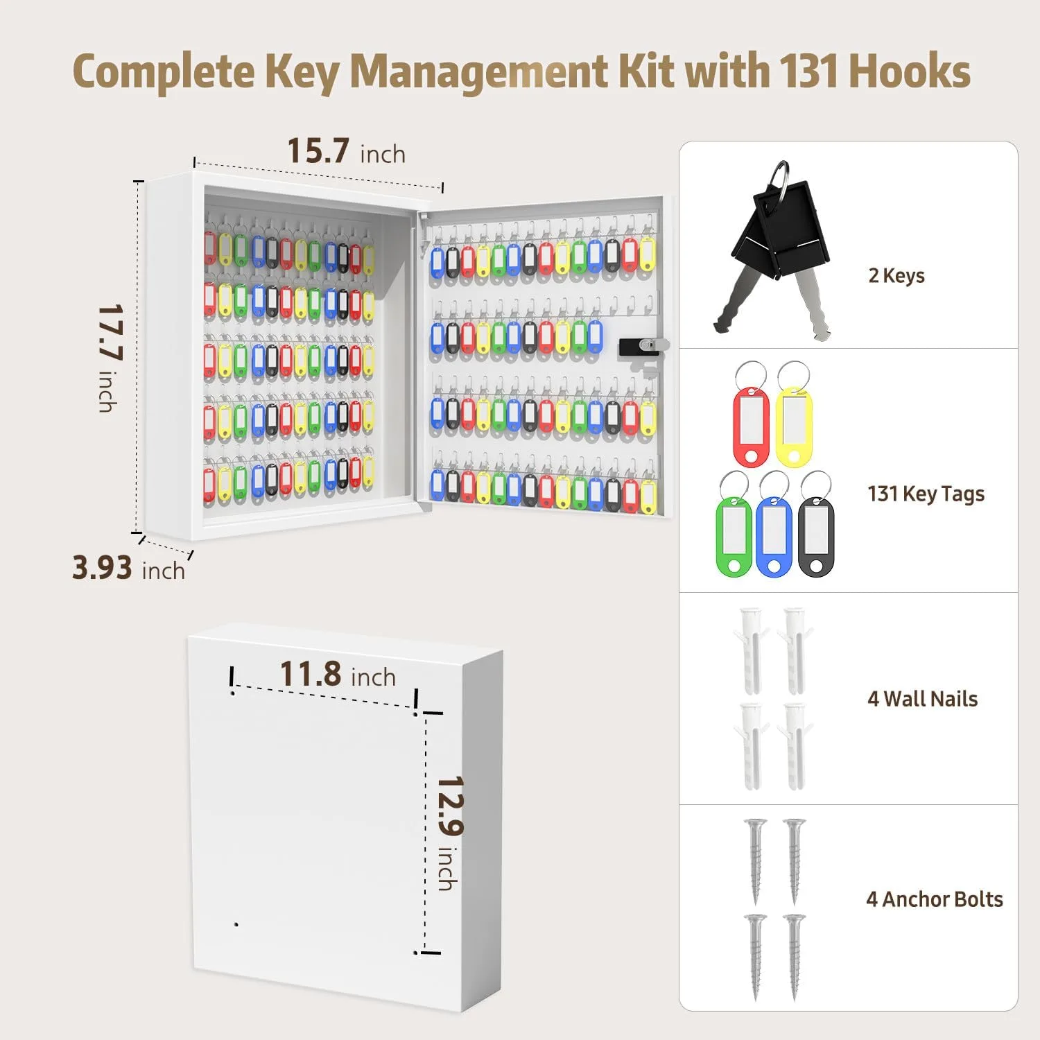 Key Cabinet Lock Box with 131-Keys: Steel Wall Mount Key Box Organizer - Large Storage and Secure Combination Lock Boxes for Home Office Business - White