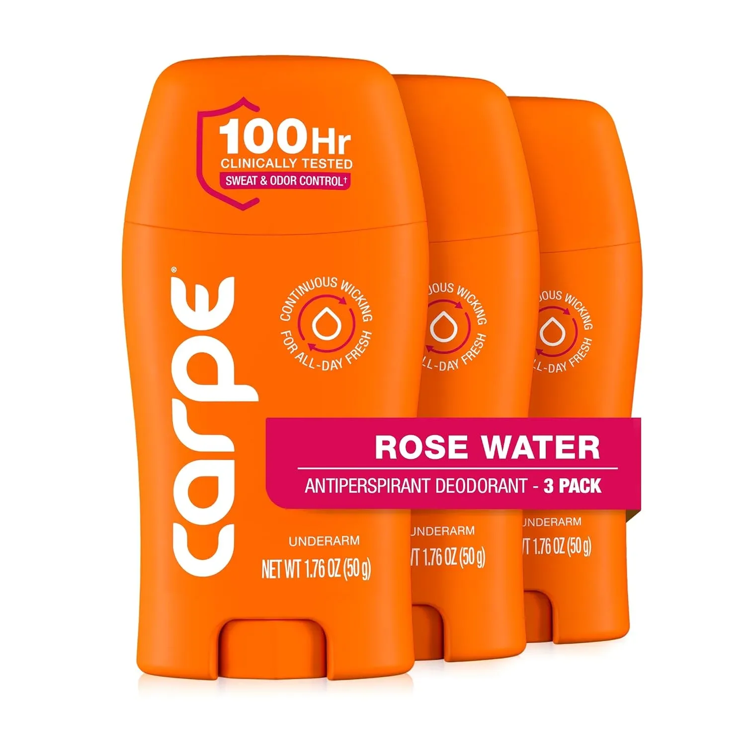 Carpe 100-Hour Antiperspirant Deodorant for Women, Rose Water - 3 Pack