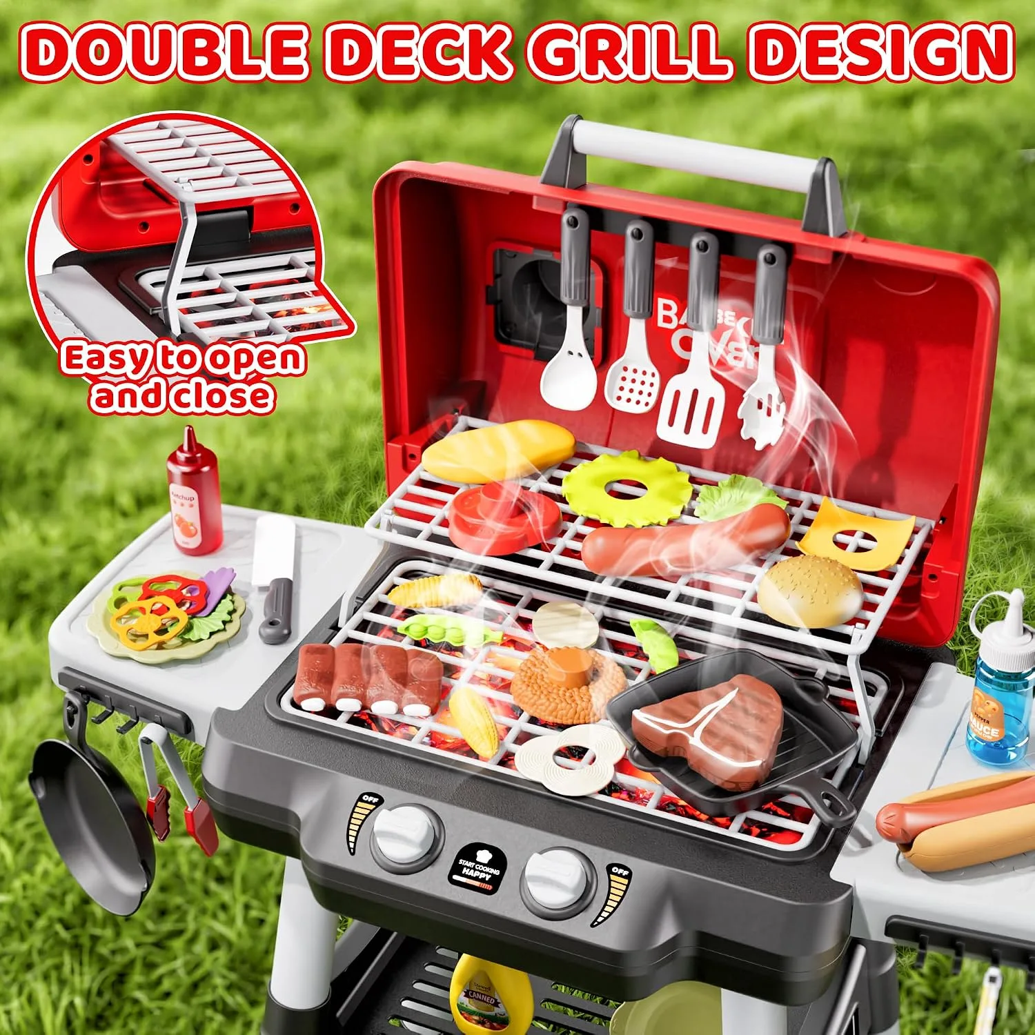 2-Tier Kids BBQ Grill Playset, Toy Grill for Kids, Outdoor Play Food