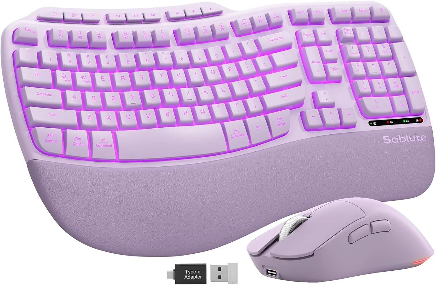 Purple Ergonomic Wireless Keyboard and Mouse Combo, Rechargeable 4000mAh Backlit Keyboard with Soft Faux Lambskin Palm Rest, Wave Keys for Natural Typing, Compatible with Windows/Mac/Chrome OS