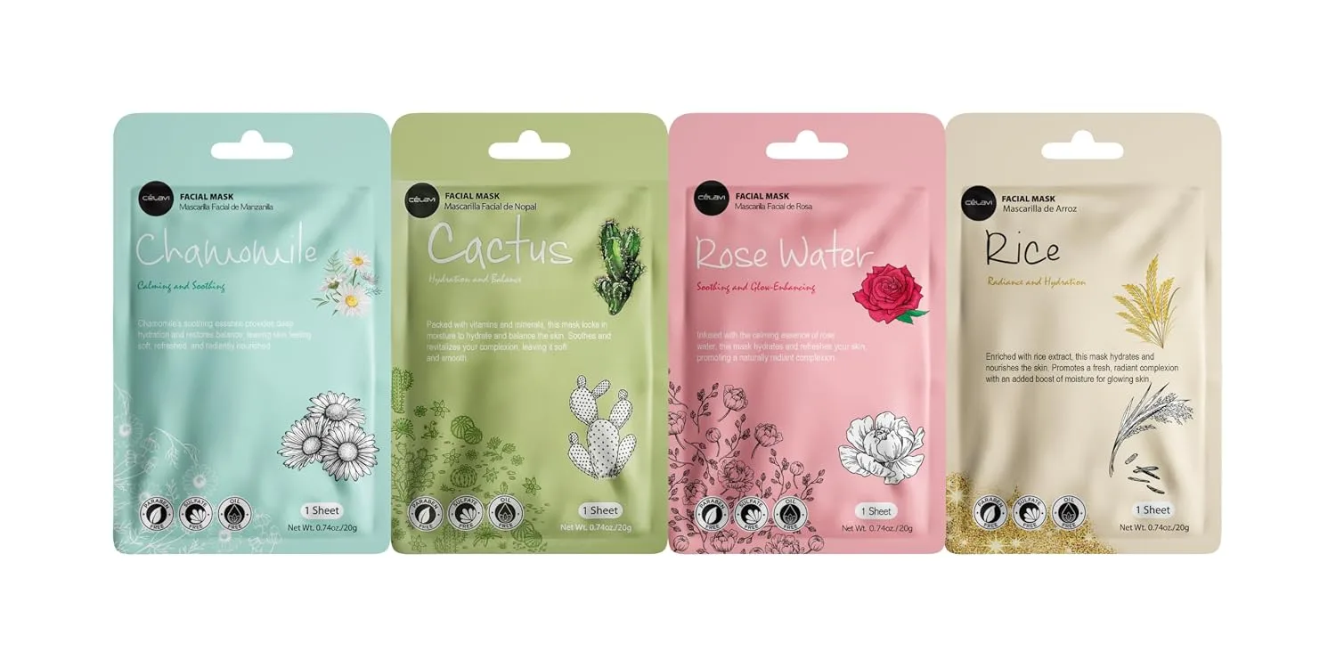 Celavi Korean Face Mask Sheet Set, Spa Masks, 12 Pack, Collagen Mix