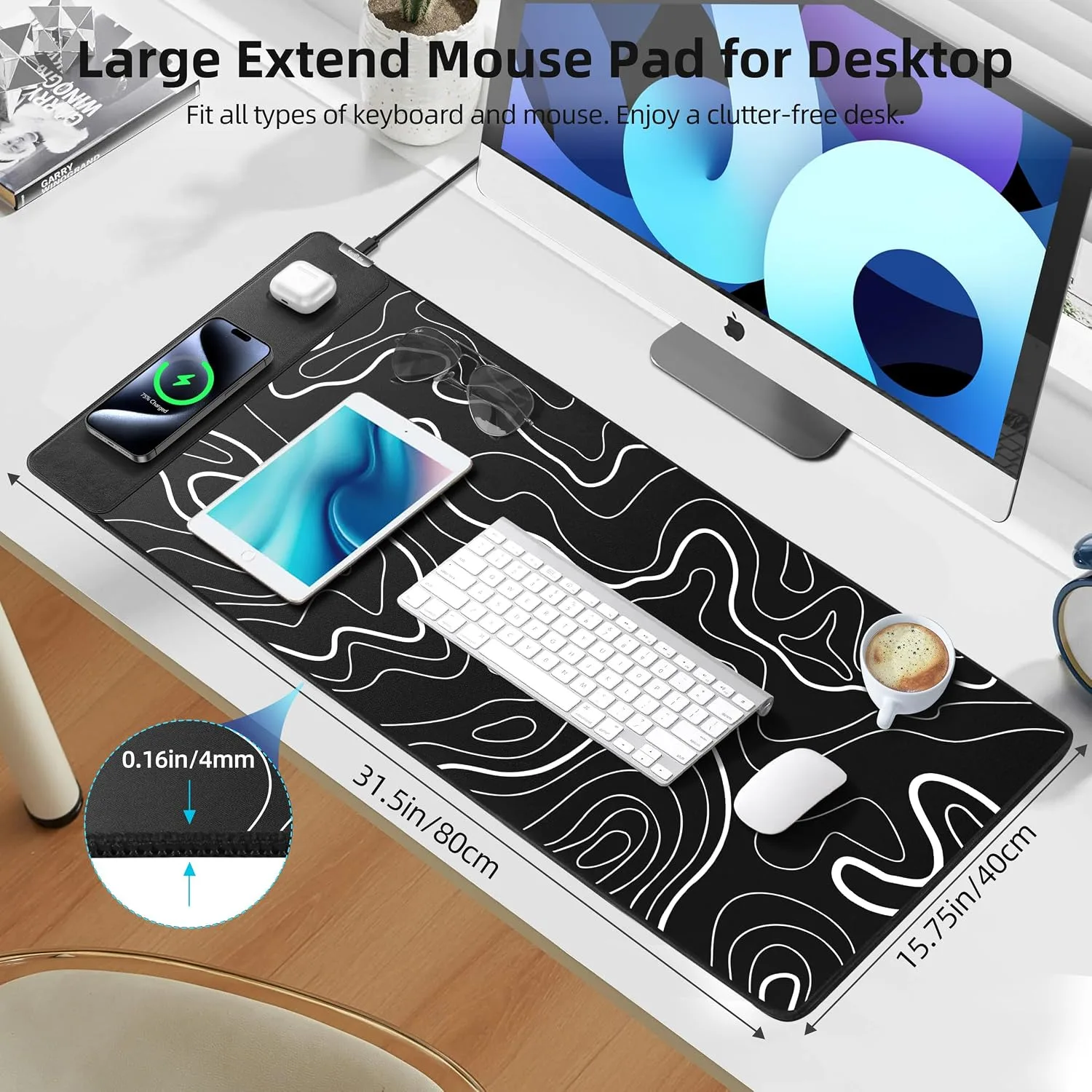 Magnetic Wireless Charging Mouse Pad, 31.5"x15.8" XXL Desk Mat