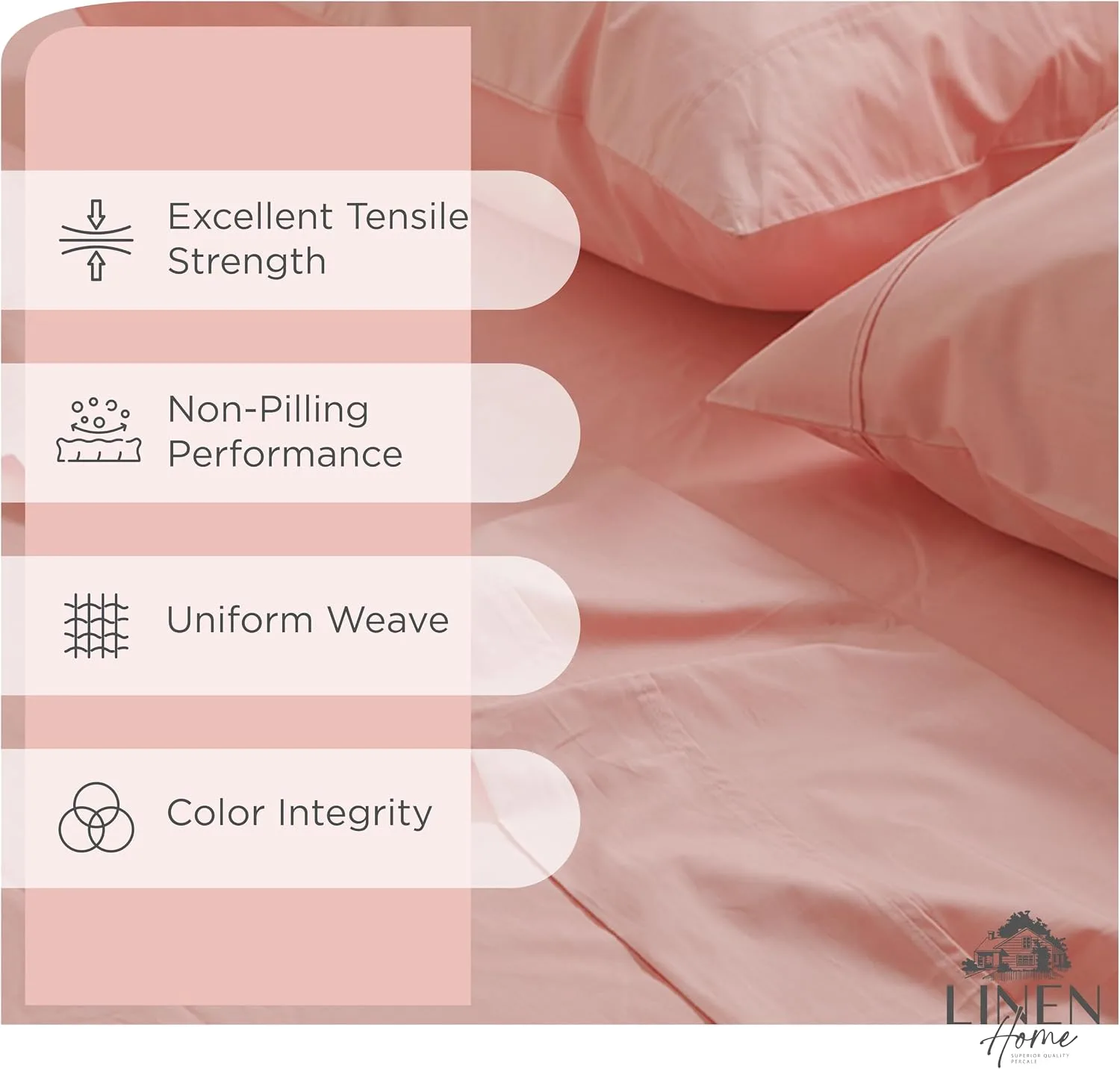 Linen Home 100% Cotton Percale King Sheets, 4Pc Cooling Set - English Rose