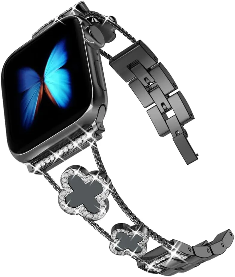 Musk-MSKR Diamond Metal Bands Add Sparkle to Your Watch For Apple Watch Series 12/11/10/9/8/7/6/5/4/3/2/SE/Ultra Clover Simple and Stylish Compatible with 38mm40mm41mm42mm44mm45mm 46mm49mm Women's Wear