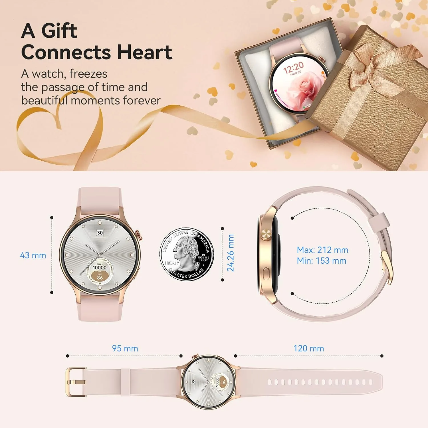 aeac Smart Watch for Women, AMOLED Ultra-Clear Screen Activity Trackers with Heart Rate/Sleep/SpO2 Monitor, Smartwatch for iPhone/Samsung/Android, 110+ Sport Modes (Rose Gold, S/M/L, Rose Gold)