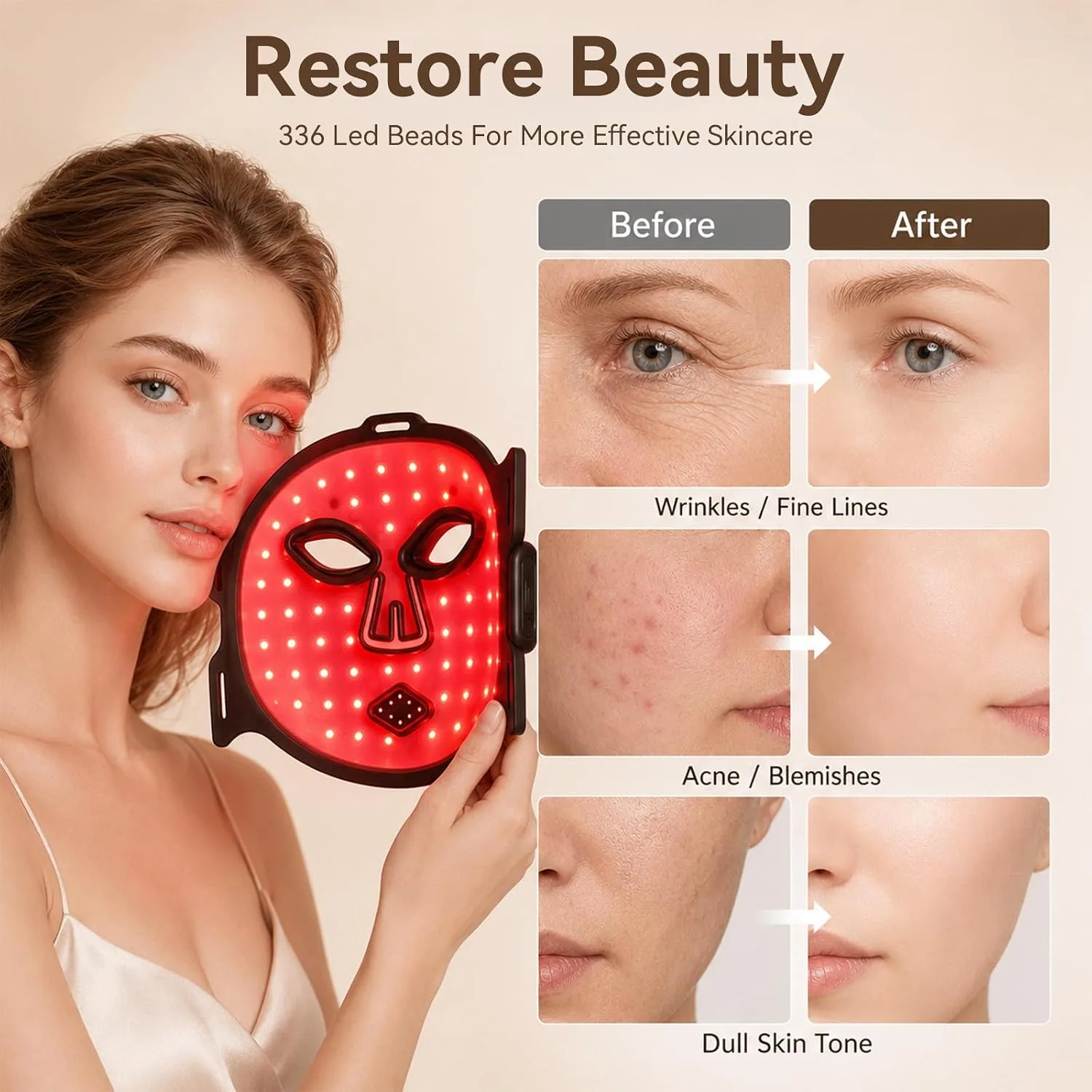 Red Light Therapy Mask for Face,Wireless LED Face Mask Infrared Skincare Device with 336 LEDs and Timer,Rechargeable and Ergonomic Design for Home & Travel