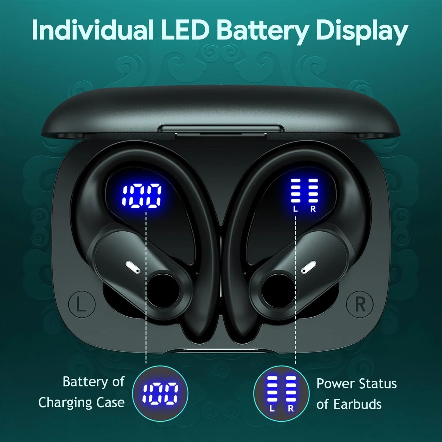 Active Noise Cancelling Ear Buds Wireless Bluetooth Headphones 80H Playtime Display Charging Case 50dB ANC Over Ear Hooks Earbuds with Hi-Res Sound & Clear Calls for Sports Running Gym Workout Black