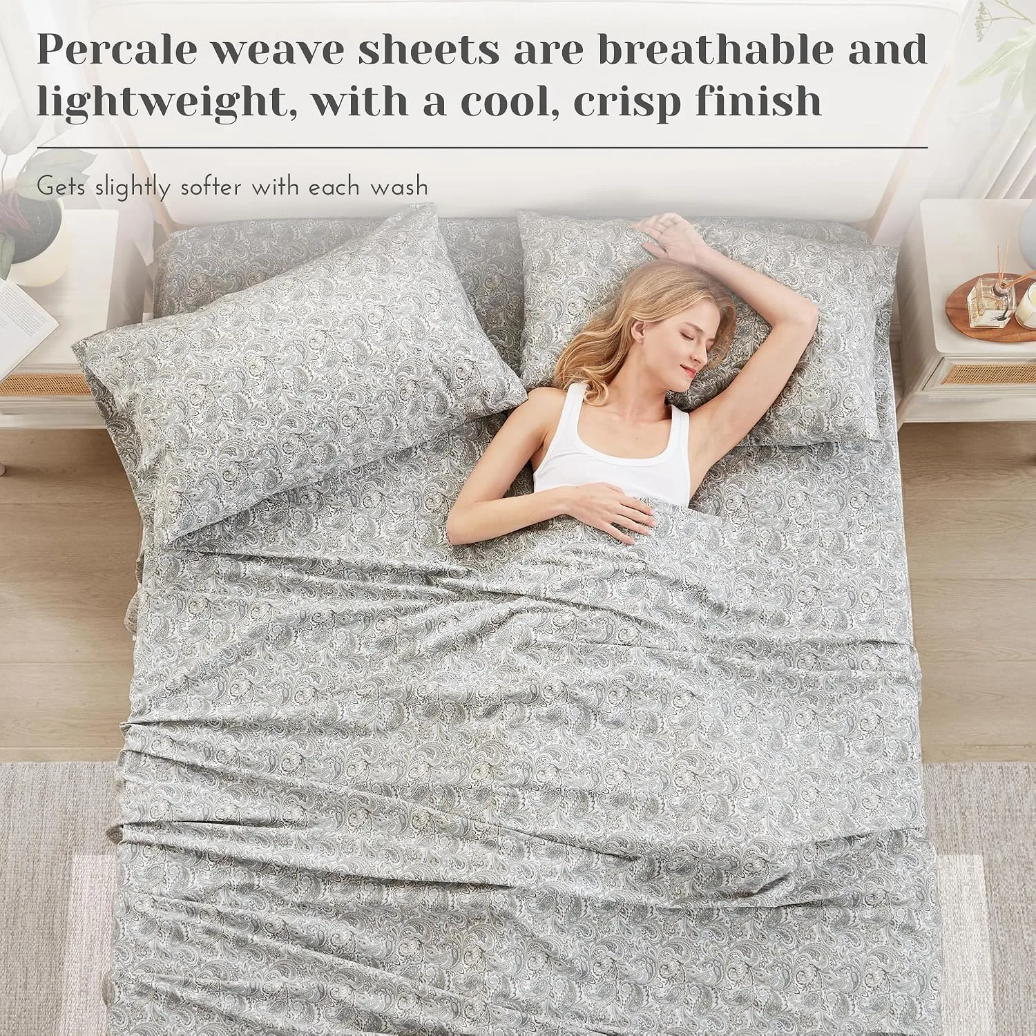 Comfort Spaces 100% Cotton Percale Sheets Queen Size 4 Piece, Paisley Multi
