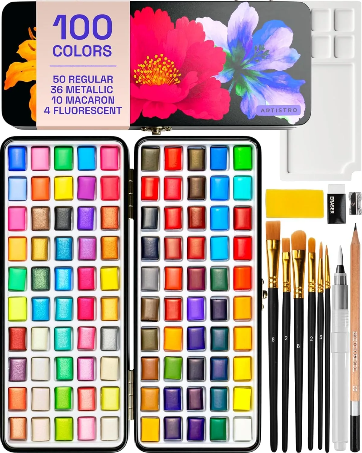 ARTISTRO Watercolor Paint Set with Palette & Brush Pens - 100 Colors