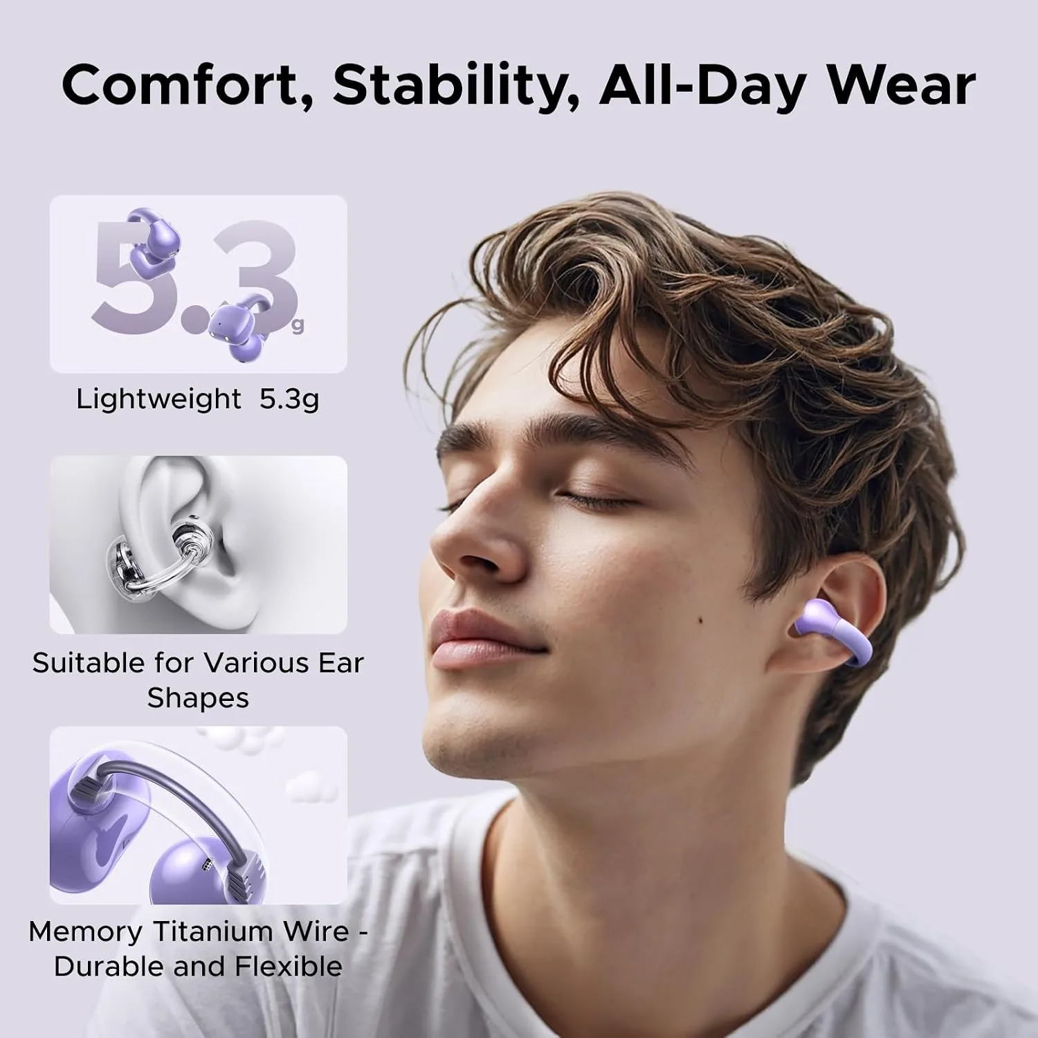 UGREEN HiTune S3 Open Ear Earbuds, Bluetooth 5.4, Clip on Earbuds, Purple
