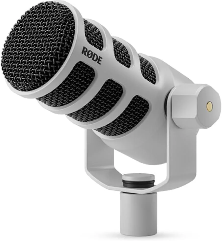 Rode PodMic USB and XLR Dynamic Podcasting Microphone | White Bundle with Pop Filter + Desktop Microphone Stand + XLR Cable + Cleaning Cloth (5 Item)