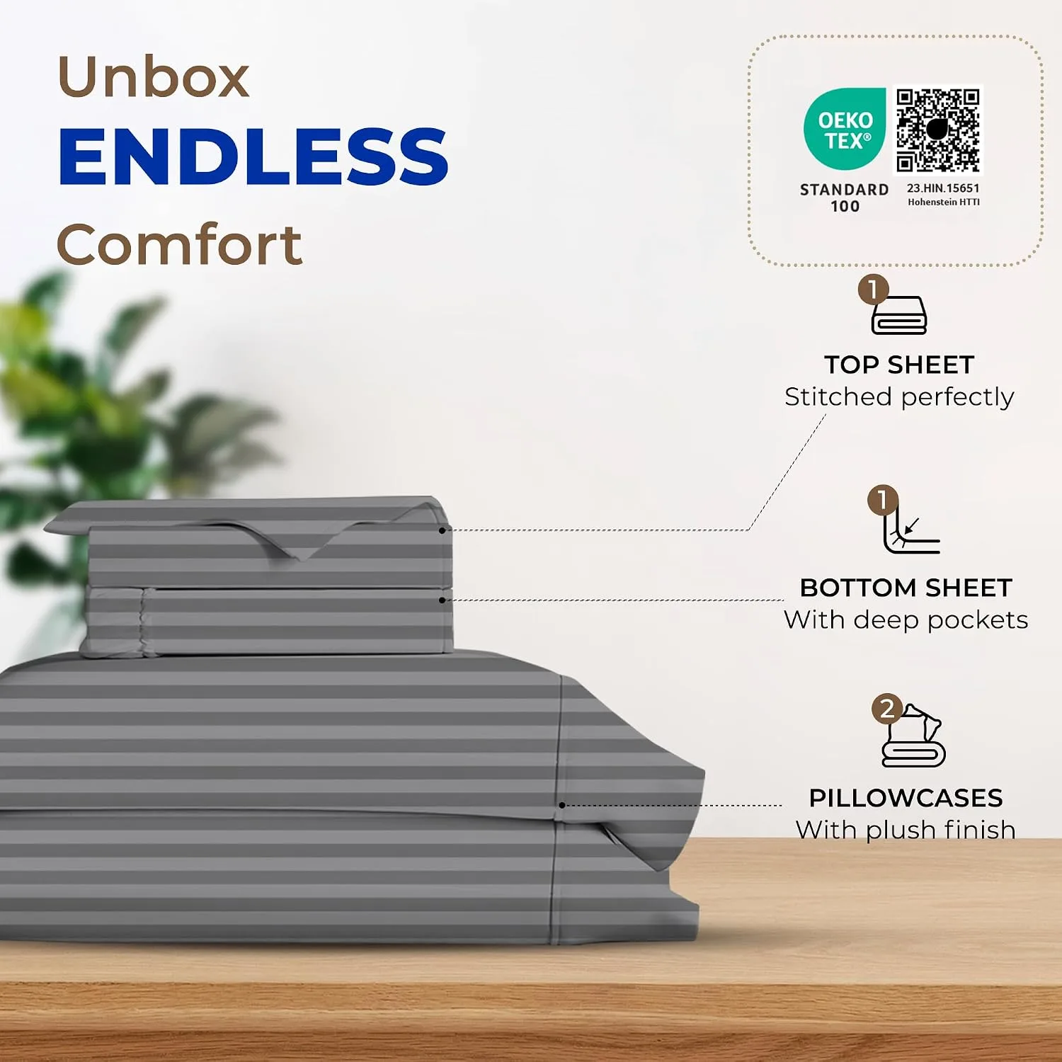 THREAD SPREAD Egyptian Cotton Sheets King Size - Luxury 600 Series King Size Sheets Set (4 PC, Dark Grey - Stripe), 16" Deep Pocket All Around Elastic, Cooling, Sateen, Durable Hotel Bed Sheet Sets
