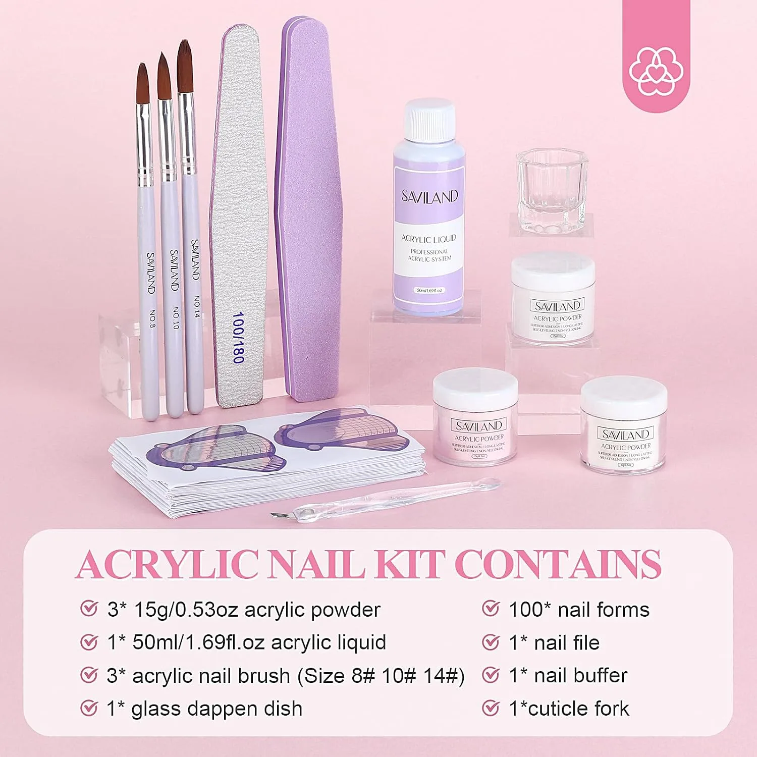 SAVILAND Acrylic Nail Kit for Beginners with Everything, White Pink Clear