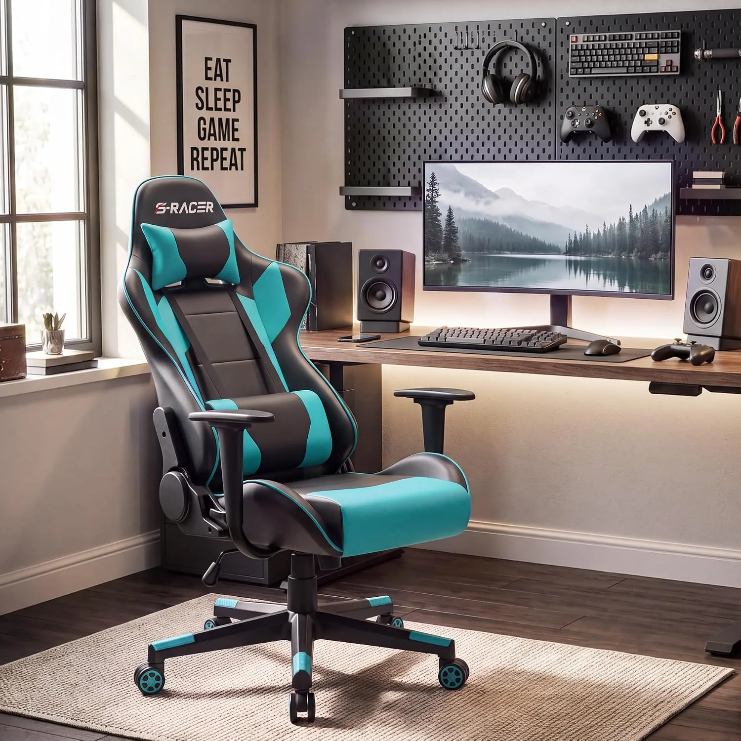 Homall Gaming Chair, Office Chair High Back Computer Chair Leather Desk Chair Racing Executive Ergonomic Adjustable Swivel Task Chair with Headrest and Lumbar Support(Cyan)