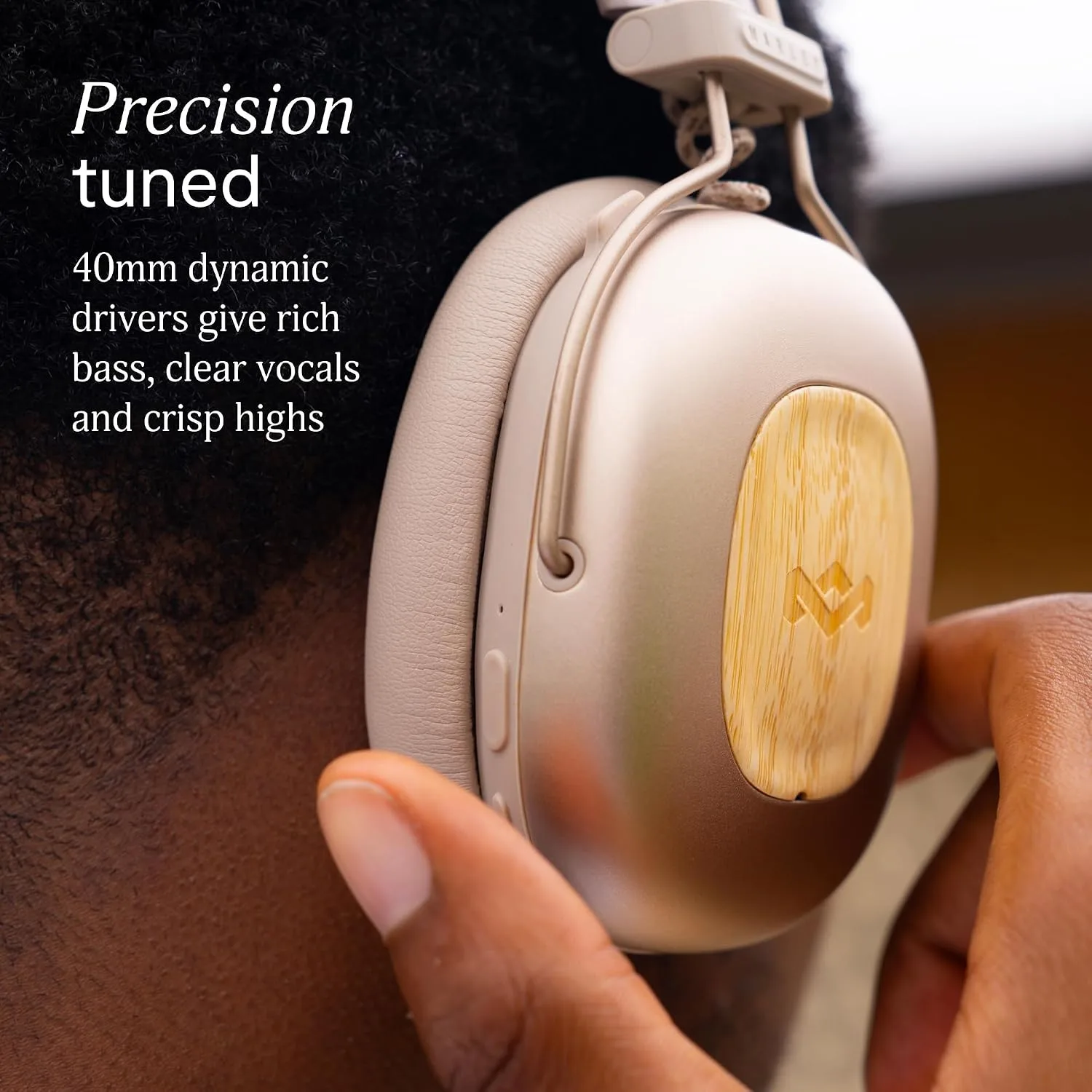 House of Marley Positive Vibration Rebel Wireless ANC Headphones - Over Ear Bluetooth Earphones with Adaptive Noise Cancelling, 130 H Playtime, IPX5, Sustainable Materials (Cream)