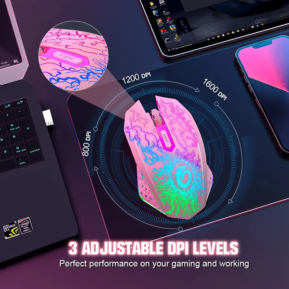 VersionTECH. Wireless Gaming Mouse, Rechargeable Computer Mouse Mice with Colorful LED Lights, Silent Click, 2.4G USB Nano Receiver, 3 Level DPI for PC Gamer Laptop Desktop Chromebook Mac-Pink