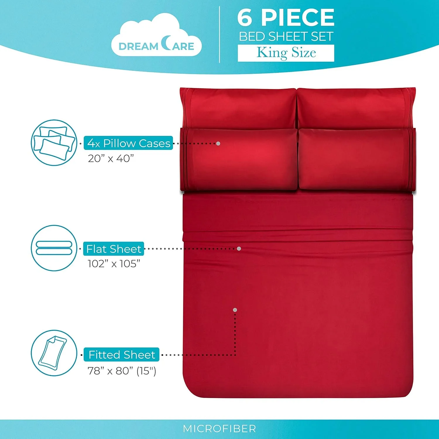 DREAMCARE King Size Sheets Set - 6 pcs Breathable Cooling Sheets King Size