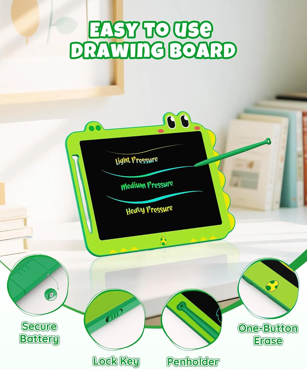 ORSEN 12 Inch LCD Doodle Board Tablet Toy - Green Dinosaur Drawing Pad for Kids 3-6 Years Old - Christmas and Birthday Gifts