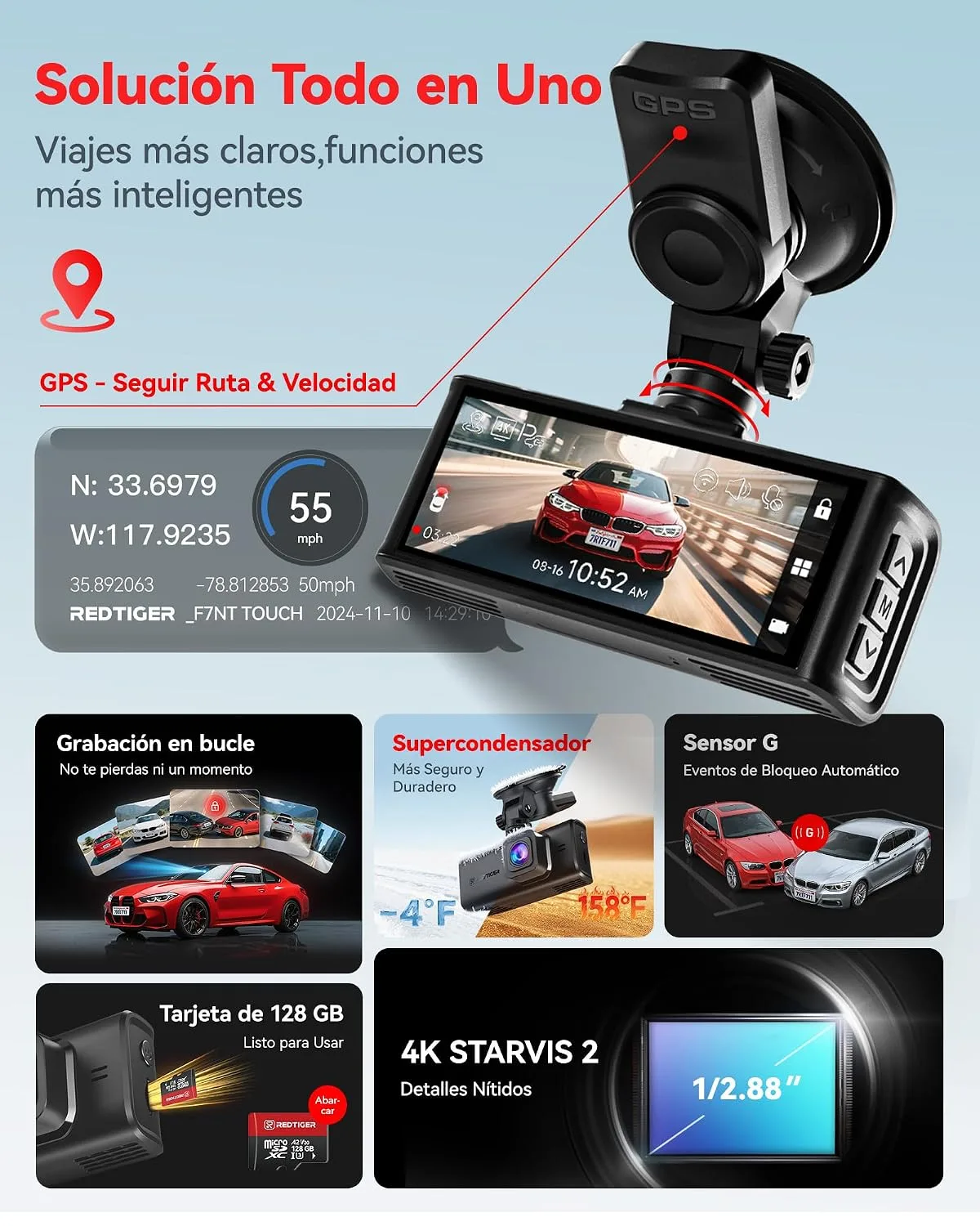 REDTIGER 4K STARVIS 2 Dashcam Front Rear, 5GHz WiFi 20MB/s, Free 128GB Card