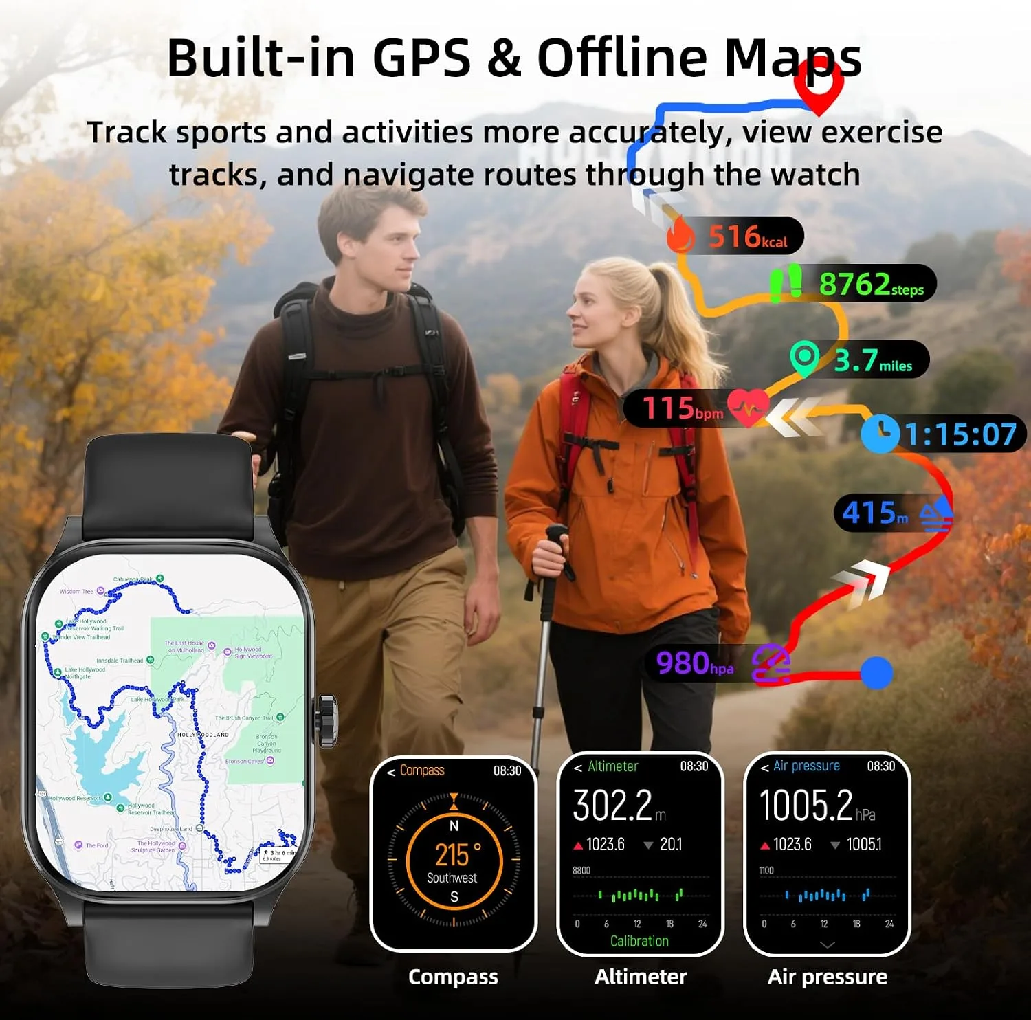 Smart Watch, GPS & Free Maps, 1.96" HD Screen, AI, Bluetooth Call & Text