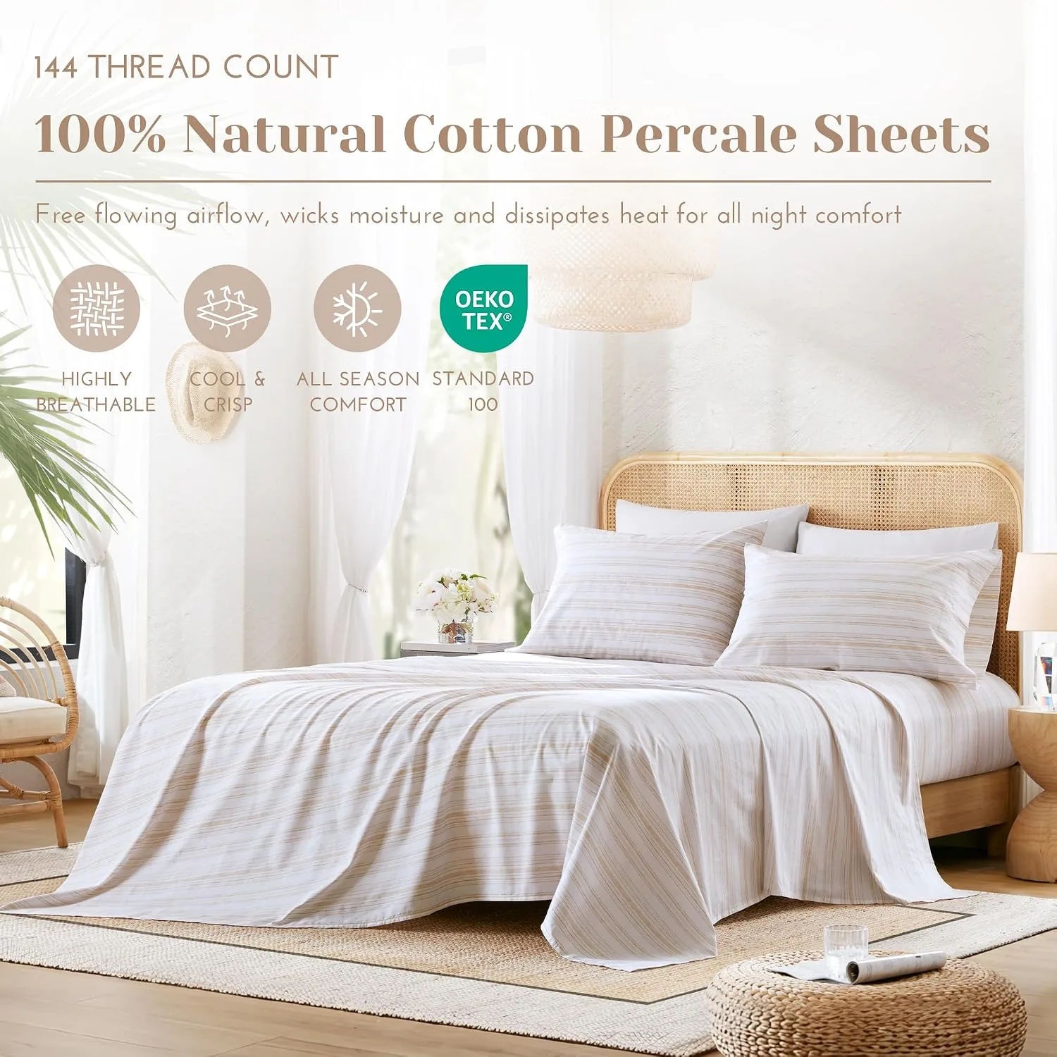 Comfort Spaces 100% Cotton Percale Sheet Set Queen 4 Pcs, Good Vibes Taupe