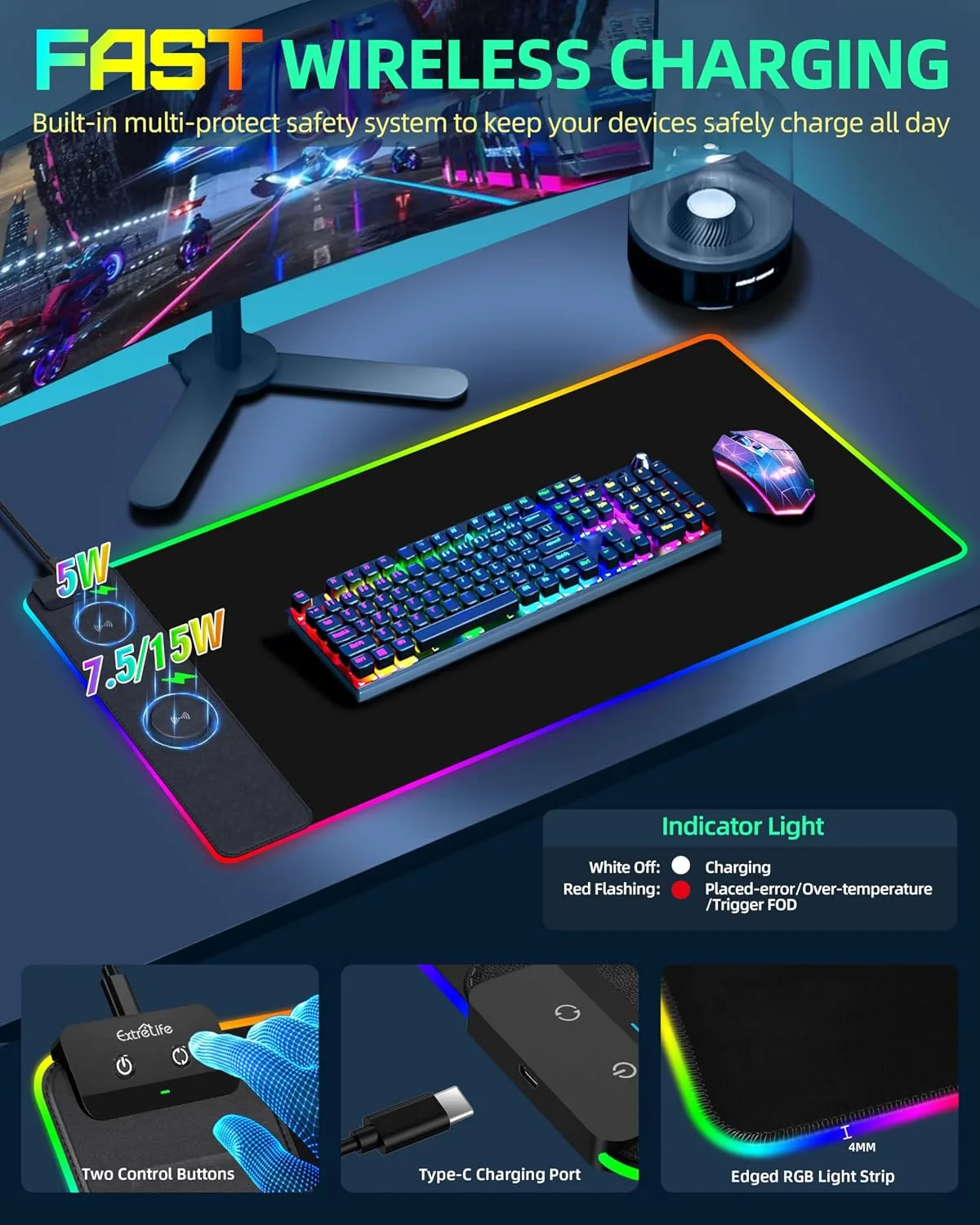 Wireless Charging Mouse Pad, RGB Gaming Desk Mat, 31.5"x15.7"