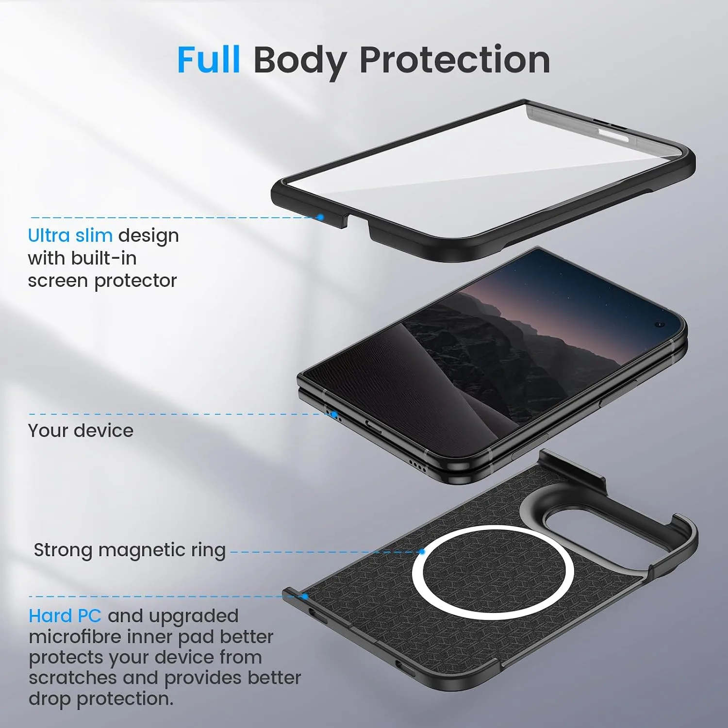 Ruky Magnetic Case for iPhone Duo Case with Screen Protector, Black