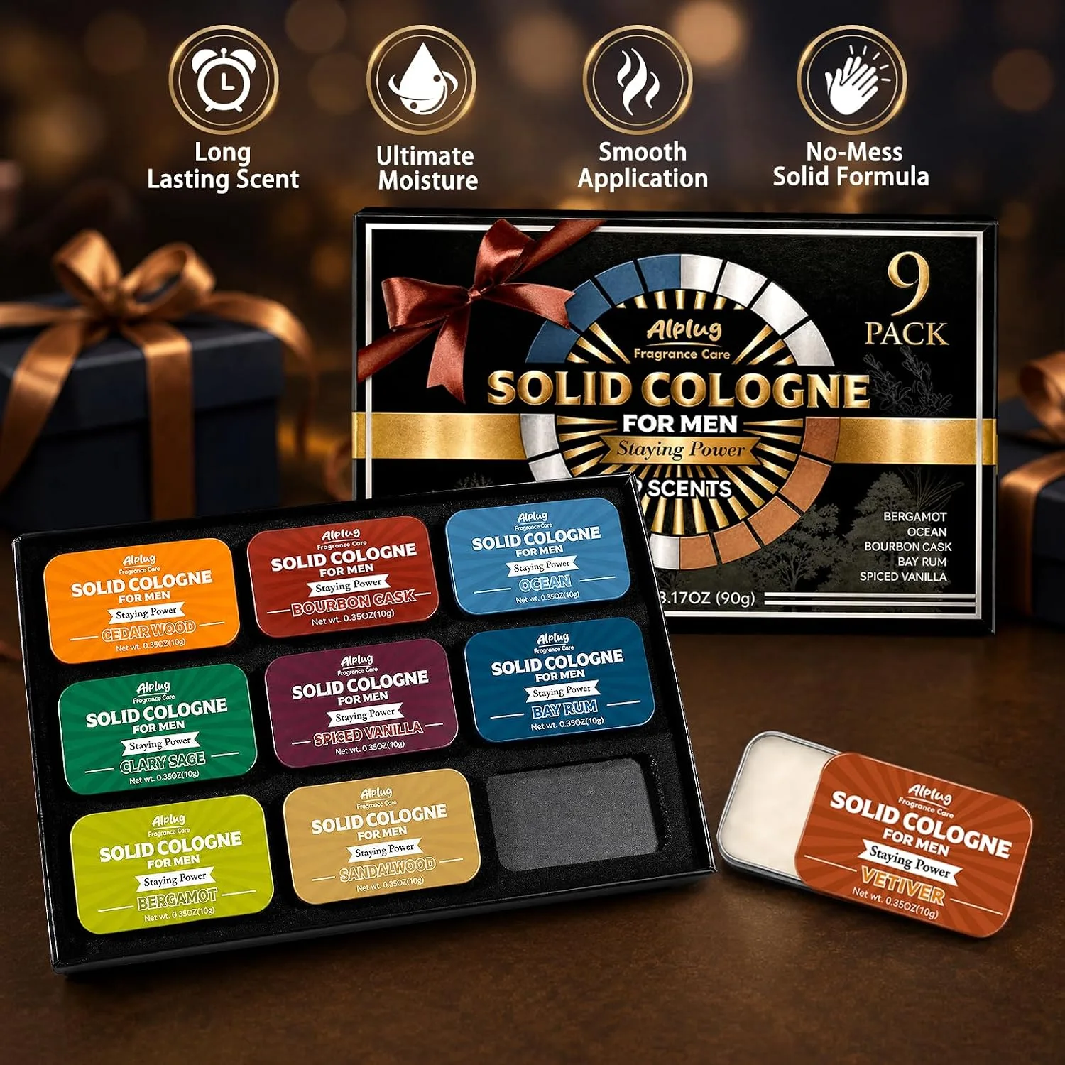 9 Pack Solid Cologne Gifts for Men, Mens Gift Cologne with Cedar Wood, Clary Sage, Vetiver, Sandalwood, Bergamot, Ocean, Bourbon Cask, Bay Rum, Spiced Vanilla Perfume, Mens Stocking Stuffers 2026