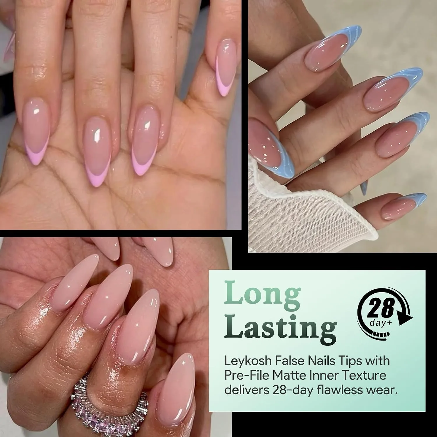 LEYKOSH Medium Almond Nail Tips, 216 Pcs Clear Gel Fake Nails, 12 Sizes