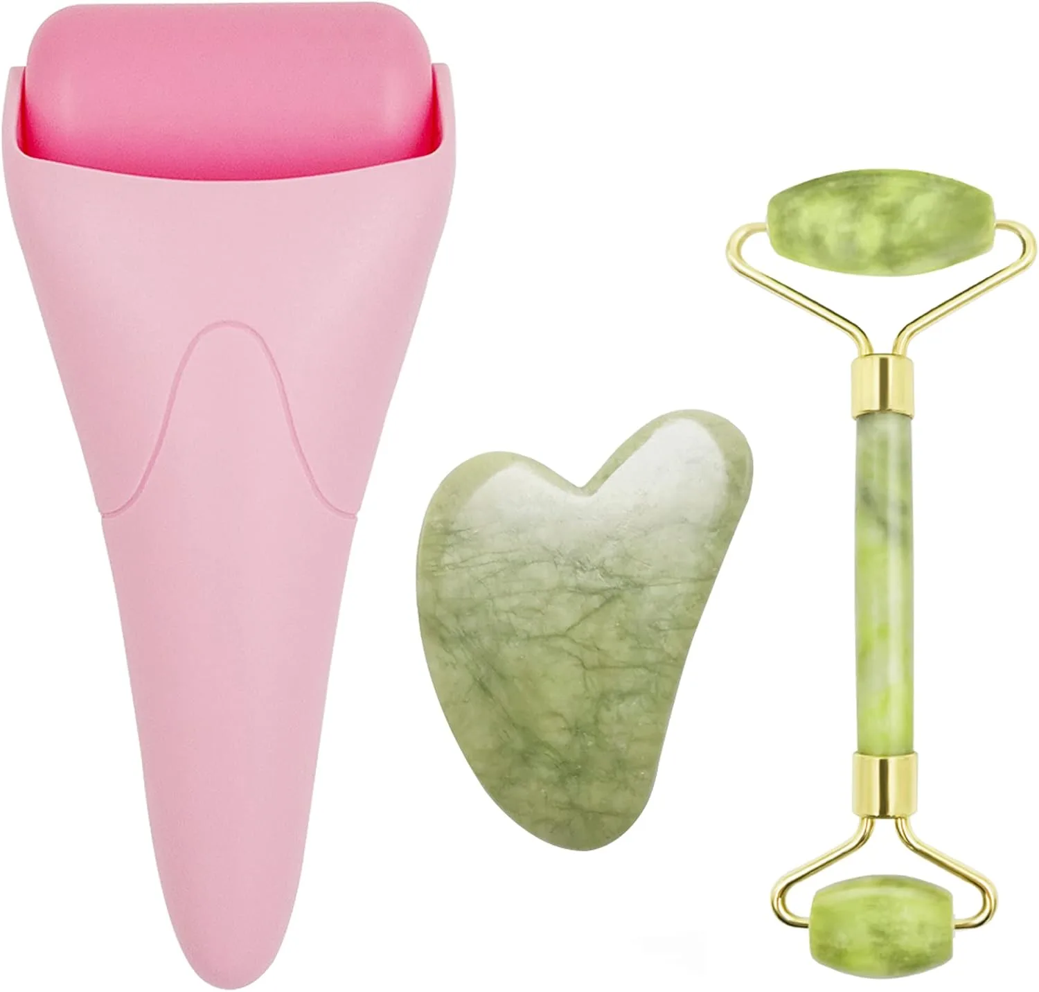 3 in 1 Ficial Face Ice Jade Roller and Gua Sha Tool, Natural Real Jade Anti-Wrinkle Face Eye Neck Massager Tool, Reduce Wrinkles, Puffiness, Migraine, Redness, Pain and Injury, Green