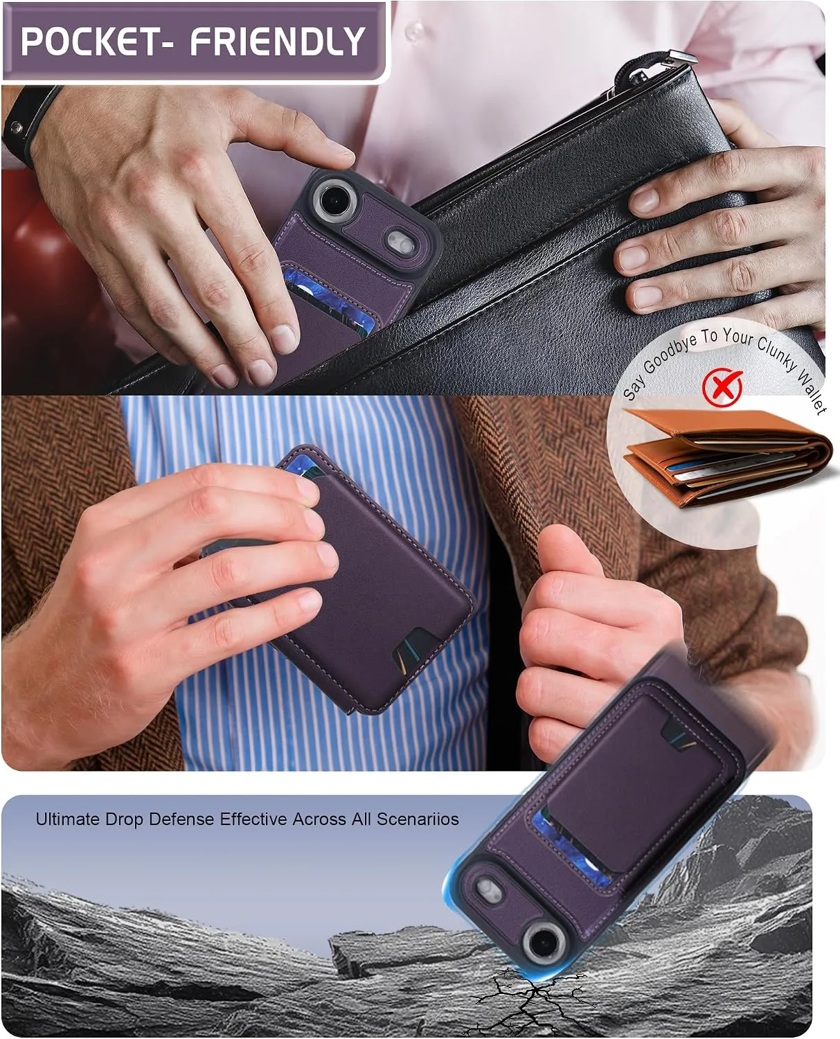 Magnetic Detachable Wallet Case for iPhone 17 Air with Kickstand,2-in-1 MagSafe Compatible RFID Blocking Card Holder,Slim PU Leather Cover Purple