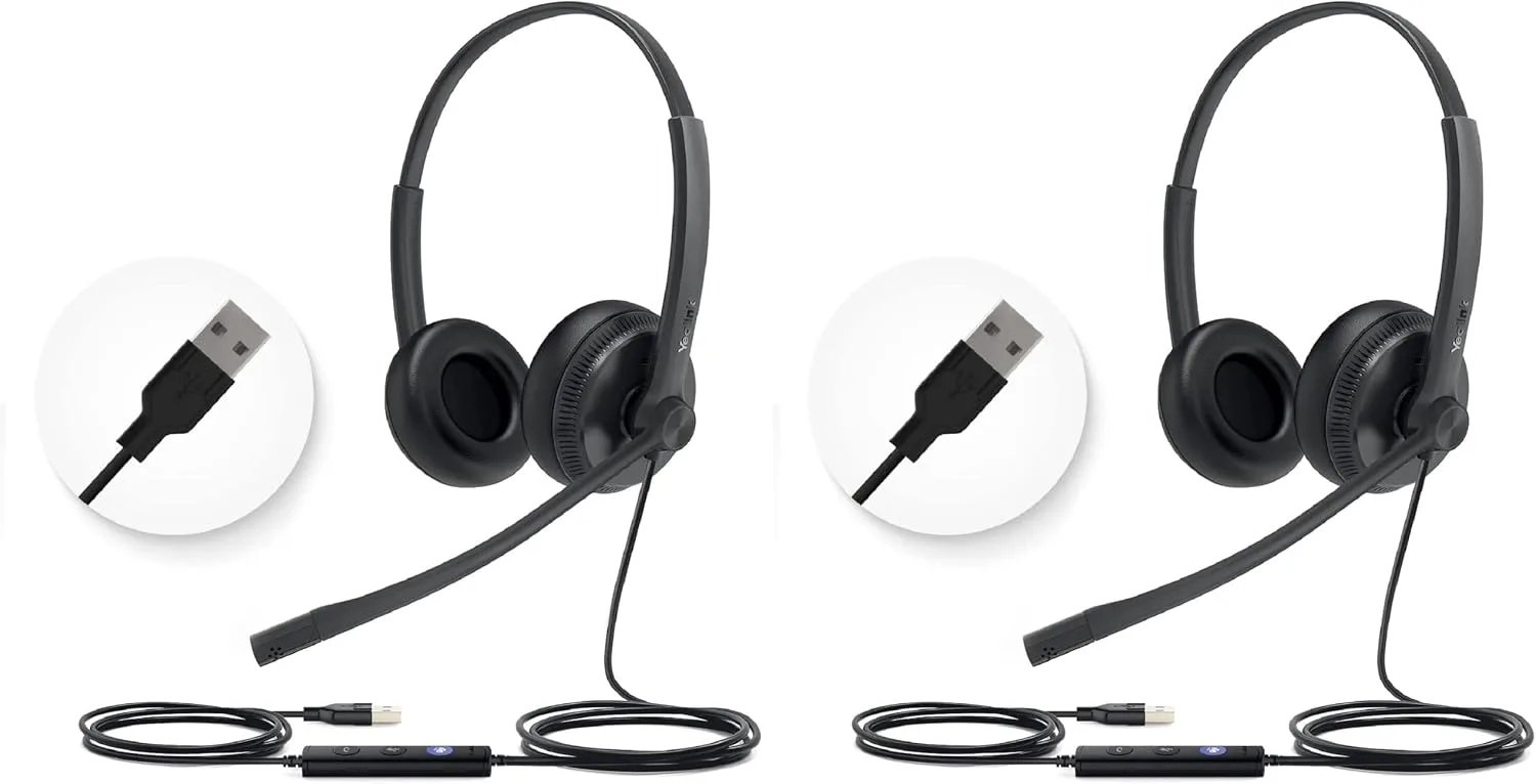 Yealink UH34 Wired Headset,USB-A,Noise Canceling Mic,in-Line Control,On-Ear (Pack of 2)