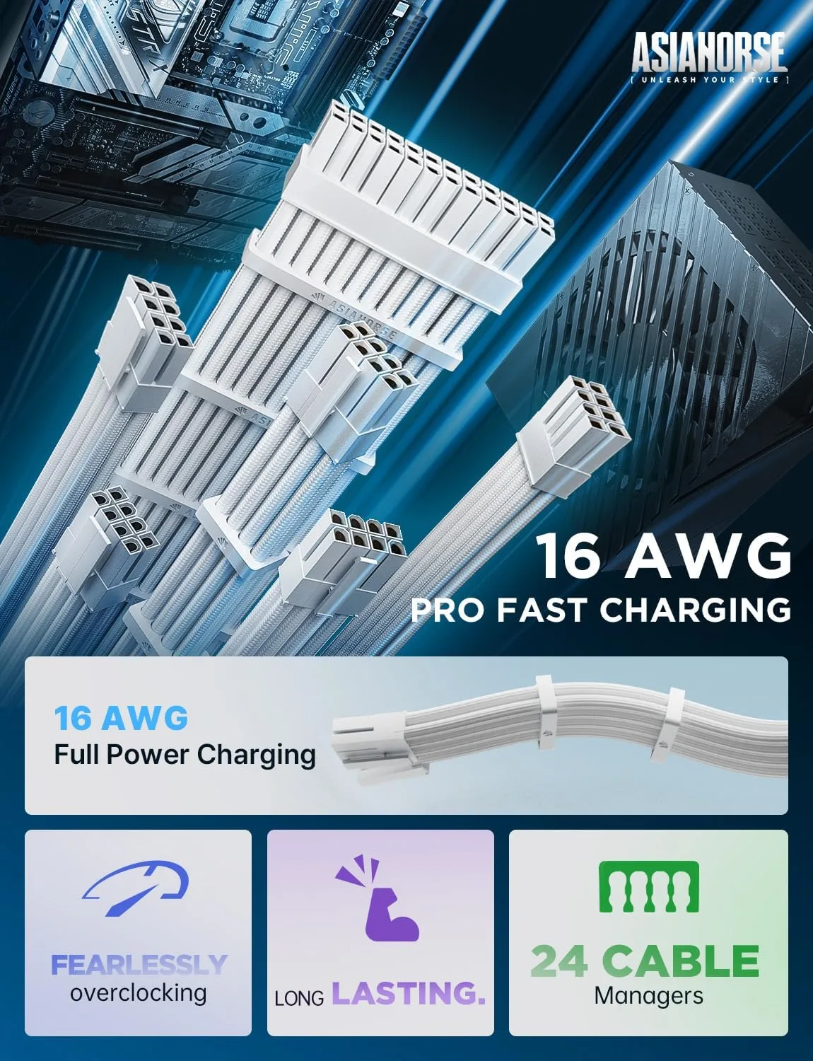 AsiaHorse Power Supply Sleeved Cable, 16 AWG PSU Extension Cable Kit of White Connector, 1x24Pin/2x4+4 EPS/3x6+2 PCI-E, 30cm Length with Combs-White