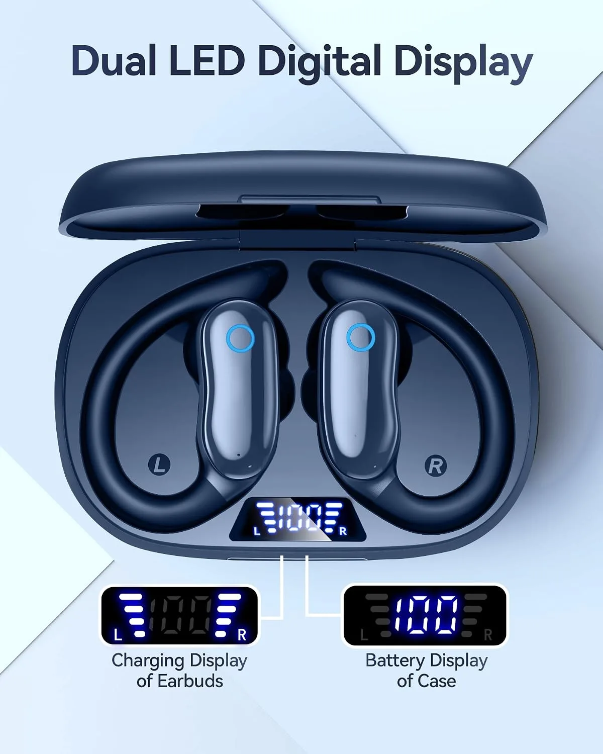 GNMN Active Noise Cancelling Ear Buds Wireless Earbuds 96hrs Playback Bluetooth Headphones Dual Battery Display Stereo Bass Earphones with Earhooks Microphone IPX7 Waterproof for Sports/Runing/Workout