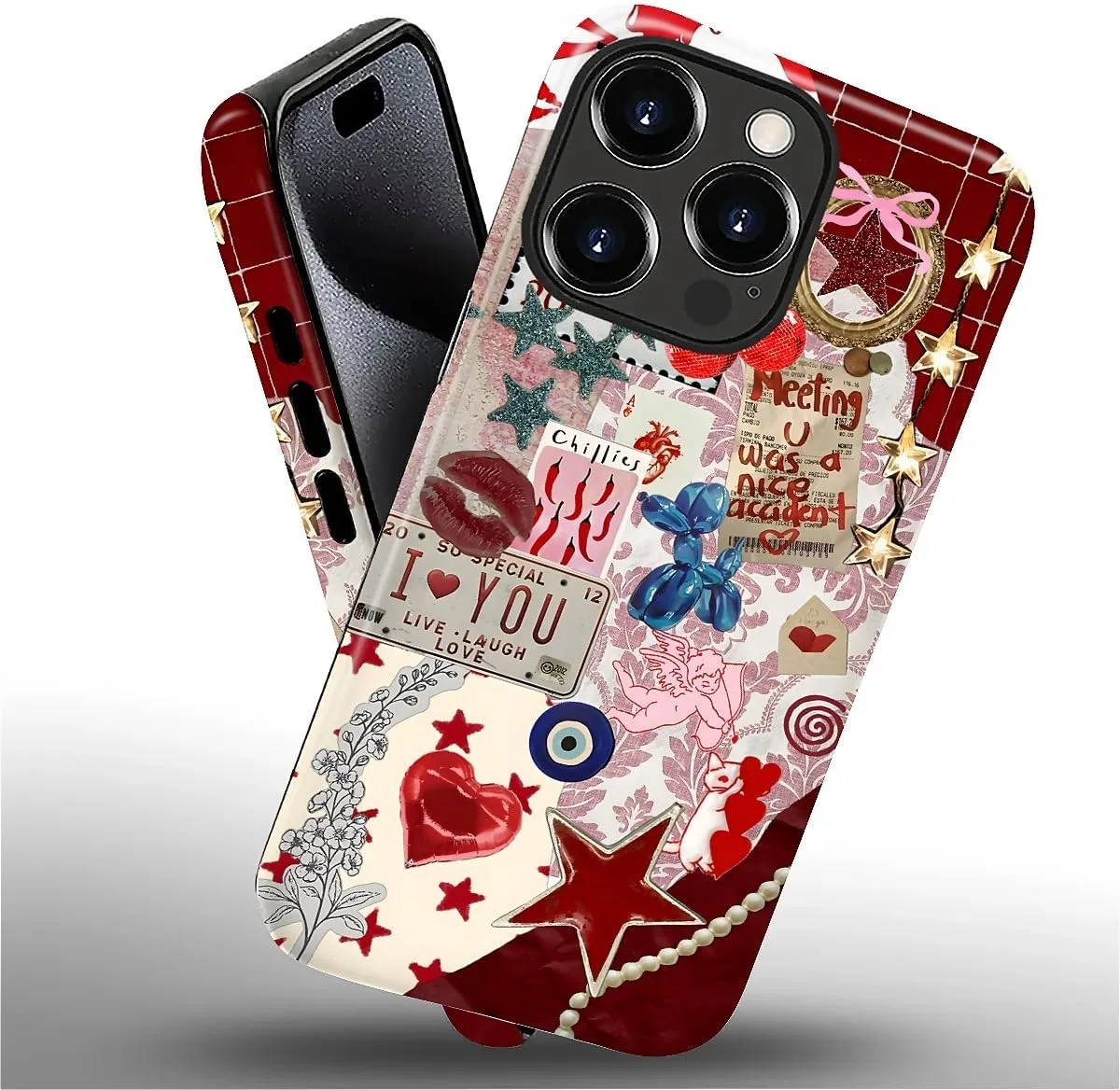 DAIZAG Case for iPhone 16 Pro,Mixed 2 Layer Design Shockproof Soft TPU Ddouble Protection Phone Case for iPhone 16 Pro-Conch Red Pearl Collage