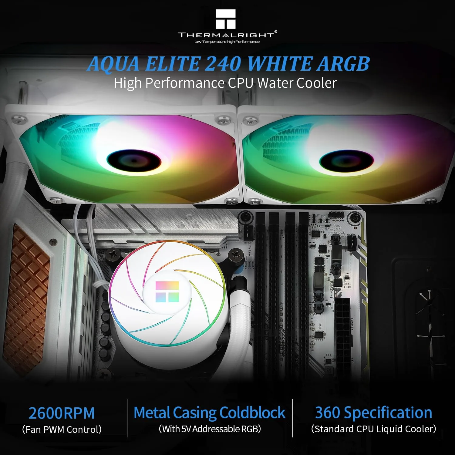 Thermalright Aqua Elite 240 White ARGB Liquid CPU Cooler, 240 Cooling Row Size, Double PWM Fans,1550RPM Speed,for AMD/AM4/AM5,Intel LGA1150/1151/1155/1156/1200/1700/1851(White)