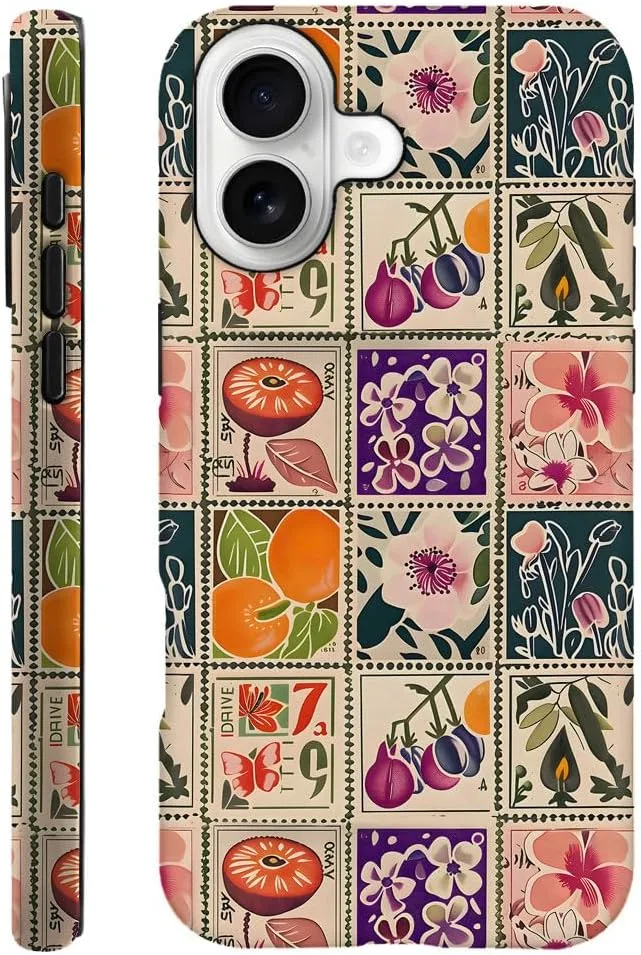 Case Compatible with iPhone 17,Fall Prevention Hybrid 2-Layer Hard Shell Phone Cover for Girls Boys,Vintage Flower Orange Stamp Collage