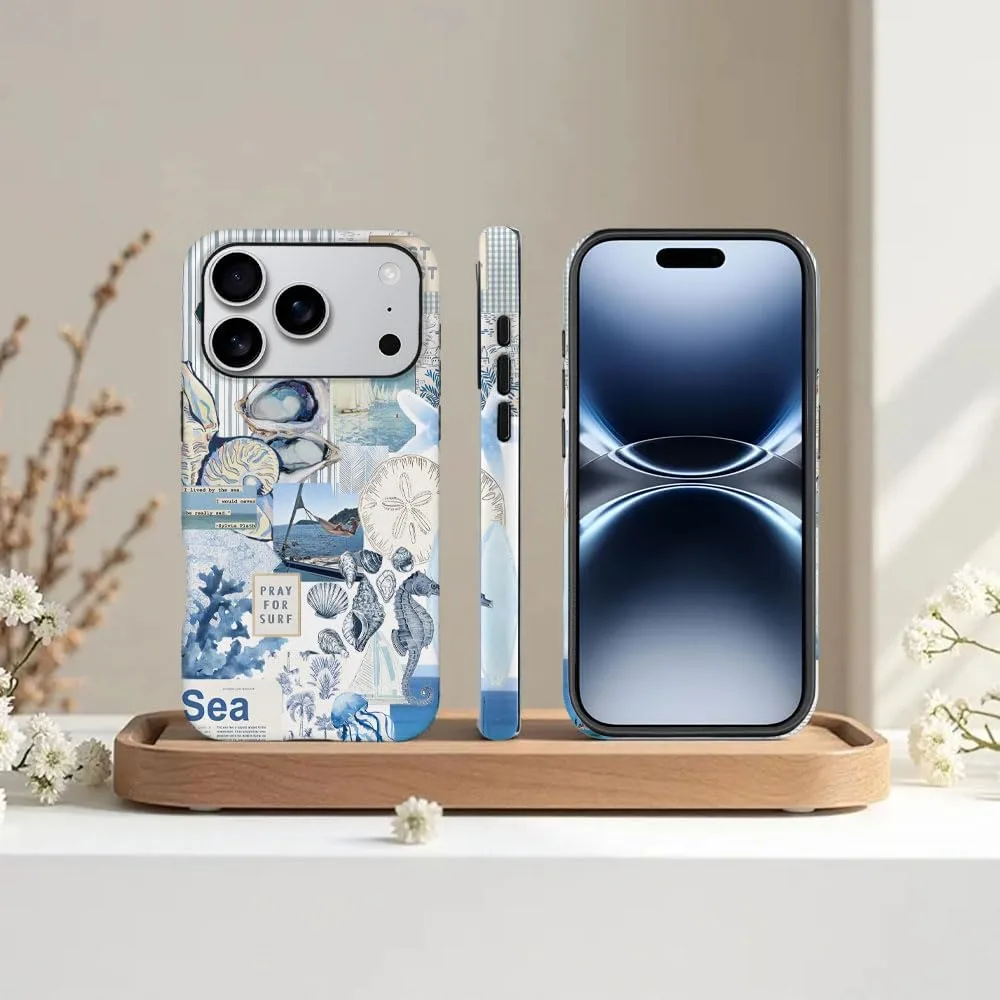 Case Compatible with iPhone 18 Pro/iPhone 17 Pro,Fall Prevention Hybrid 2-Layer Hard Shell Phone Cover for Girls Boys,Seashell Ocean Blue Retro Collage
