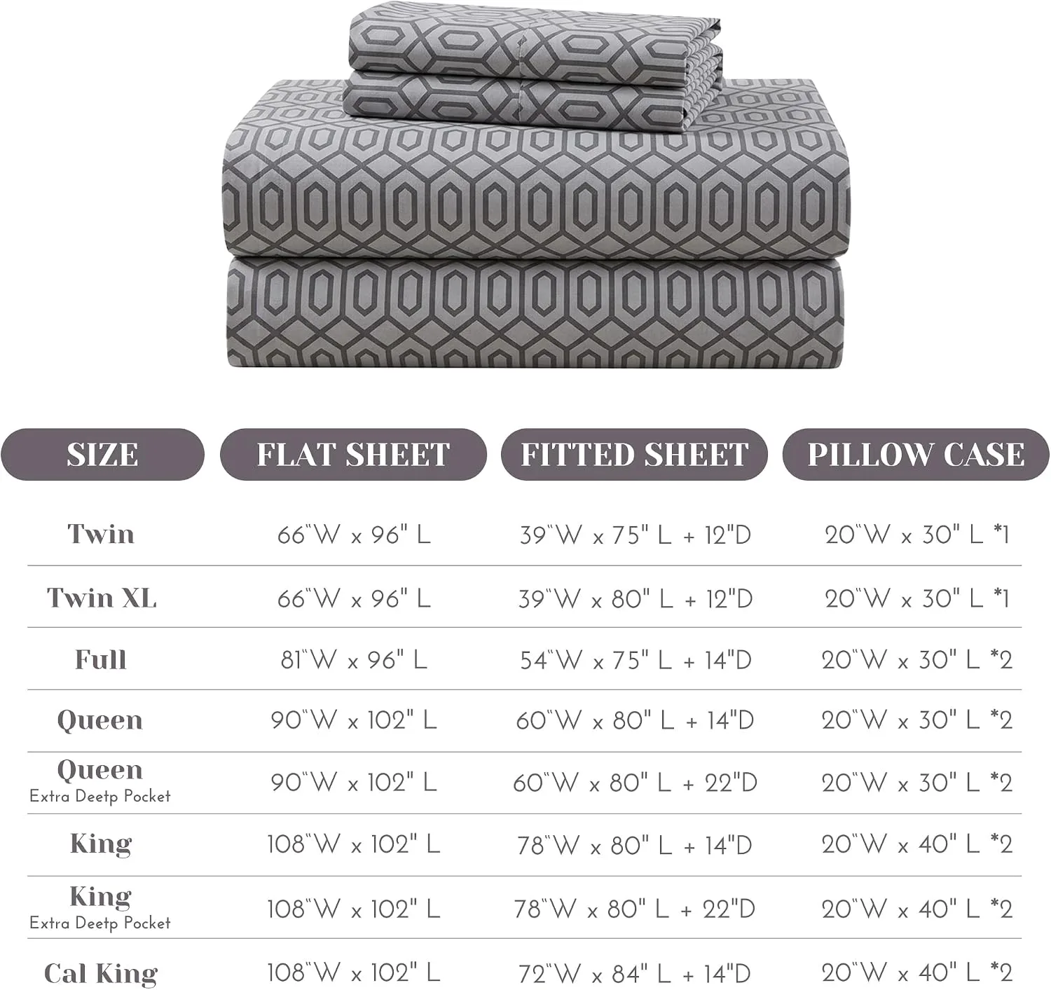 Comfort Spaces 100% Cotton Percale Sheets Queen Size 4 Pcs, Diamond Sliver