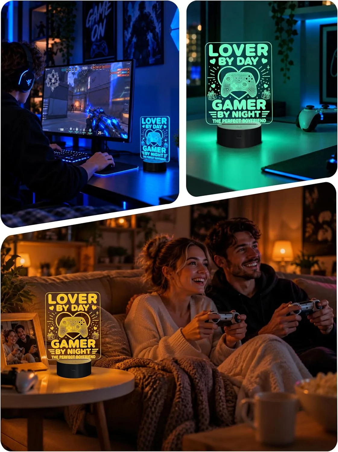 YuanDian Gamer Gift, Funny Cool LED Night Light Lover by Day Gamer by Night