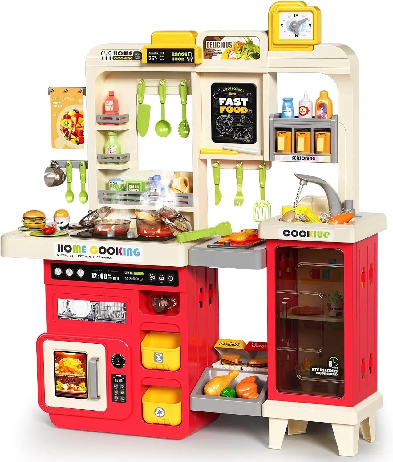 Pupu Pig Play Kitchen, Kids Kitchen Playset with Steam, Lights and Sounds