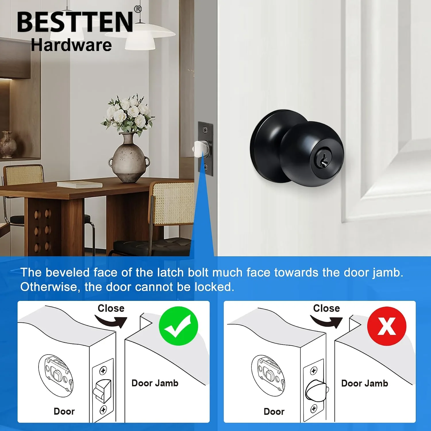 BESTTEN Keyed Entry Door Knob, Heavy Duty Entrance Door Lock, Matte Black