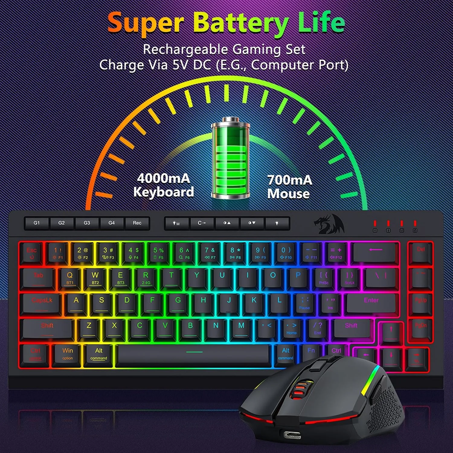 Redragon Wireless Gaming Keyboard and Mouse Combo, 60% Portable, Black