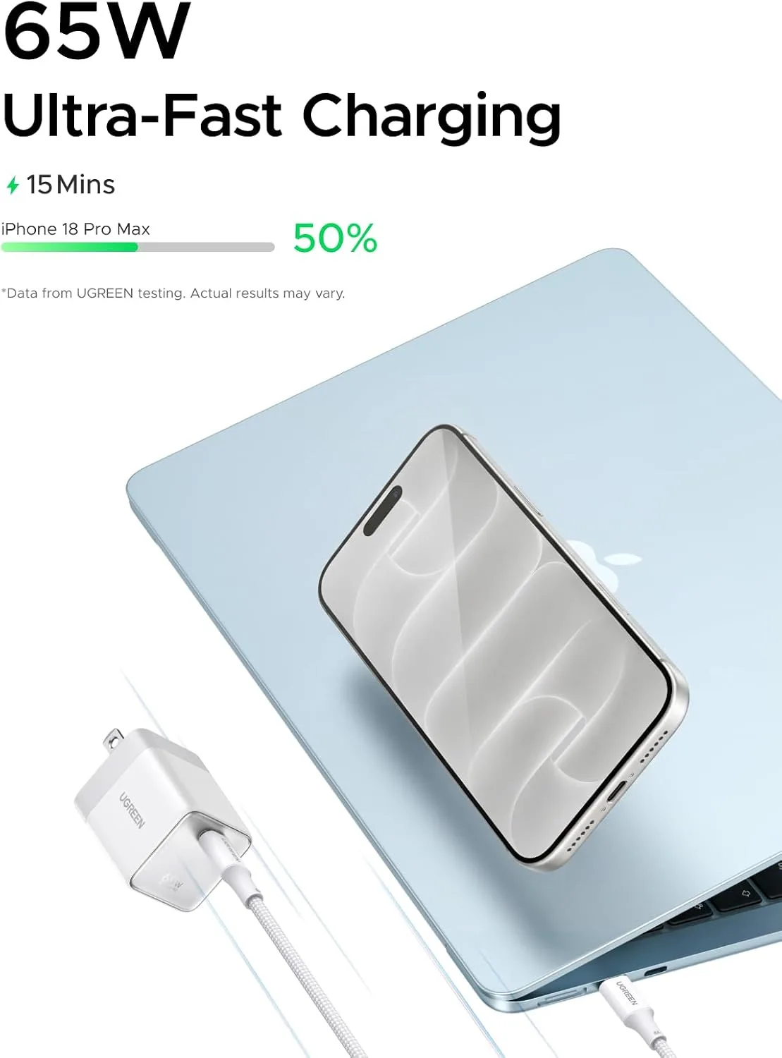 UGREEN Nexode Air 65W USB C GaN Charger Block with 3.3ft Cable, White