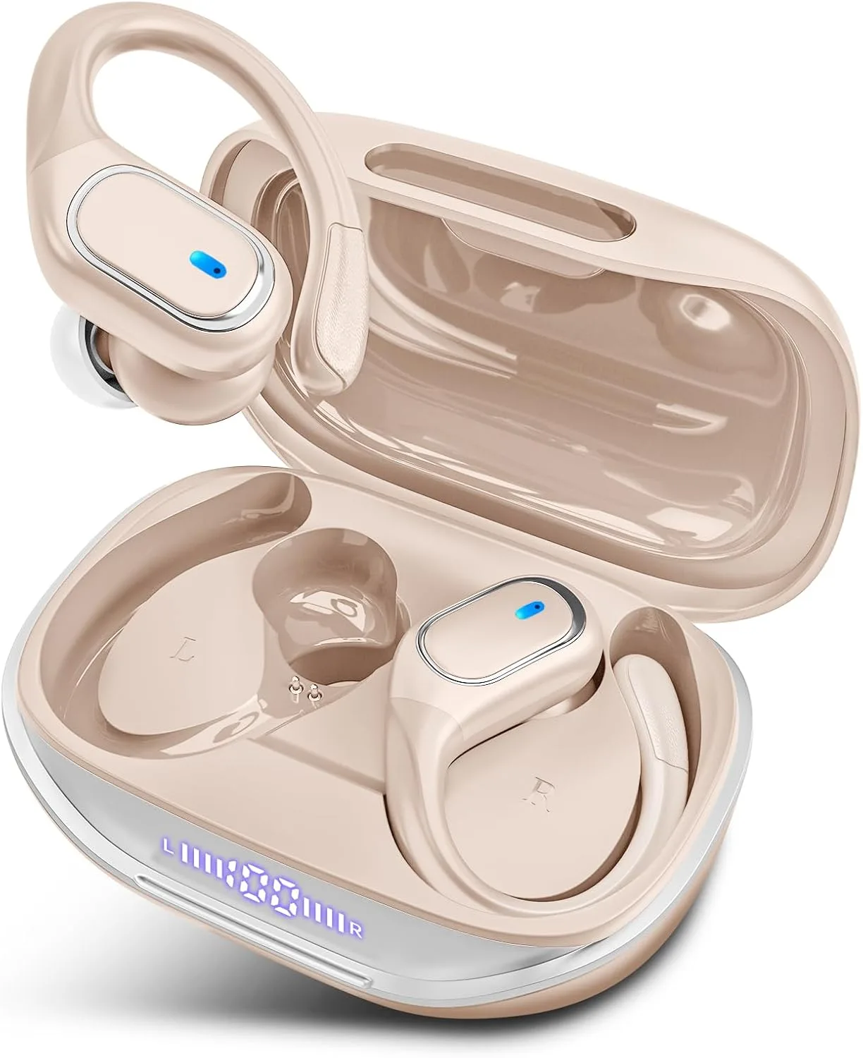 HAOYUYAN Wireless Earbuds Bluetooth 5.3 Headphones with 80H Playback, IPX7 Waterproof Over Ear Buds with LED Power Display for Sports Running Workouts (Purple)