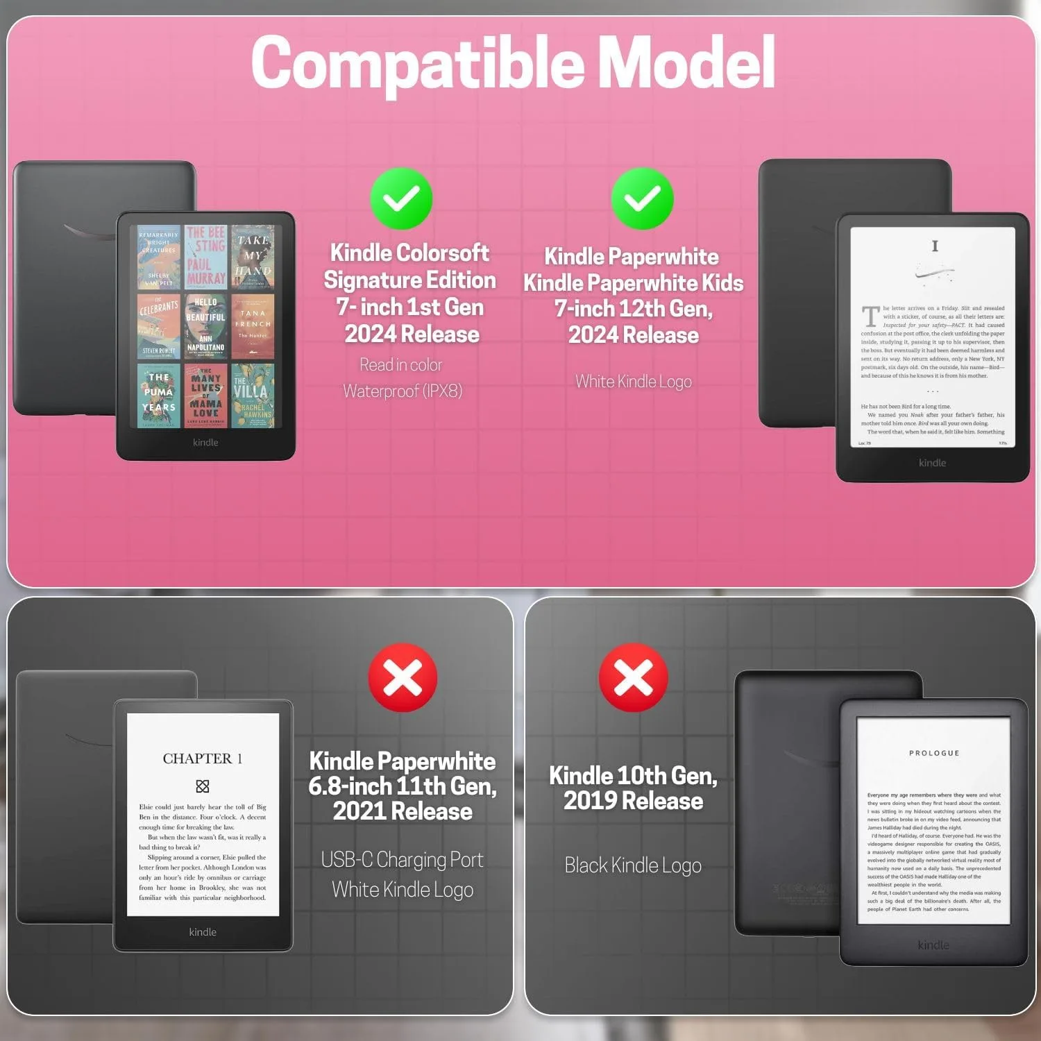 TNP Kindle Paperwhite 12th Gen Case, Colorsoft 7-Inch Cover, Pink Flamingo