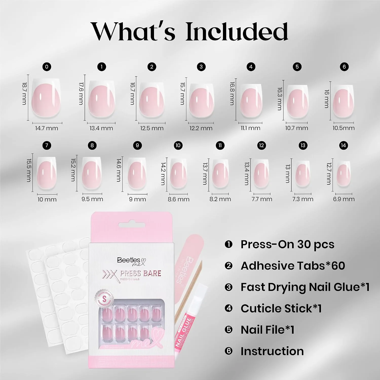 Beetles French Tip Press On Nails Pink, Short Square, 30 Pcs