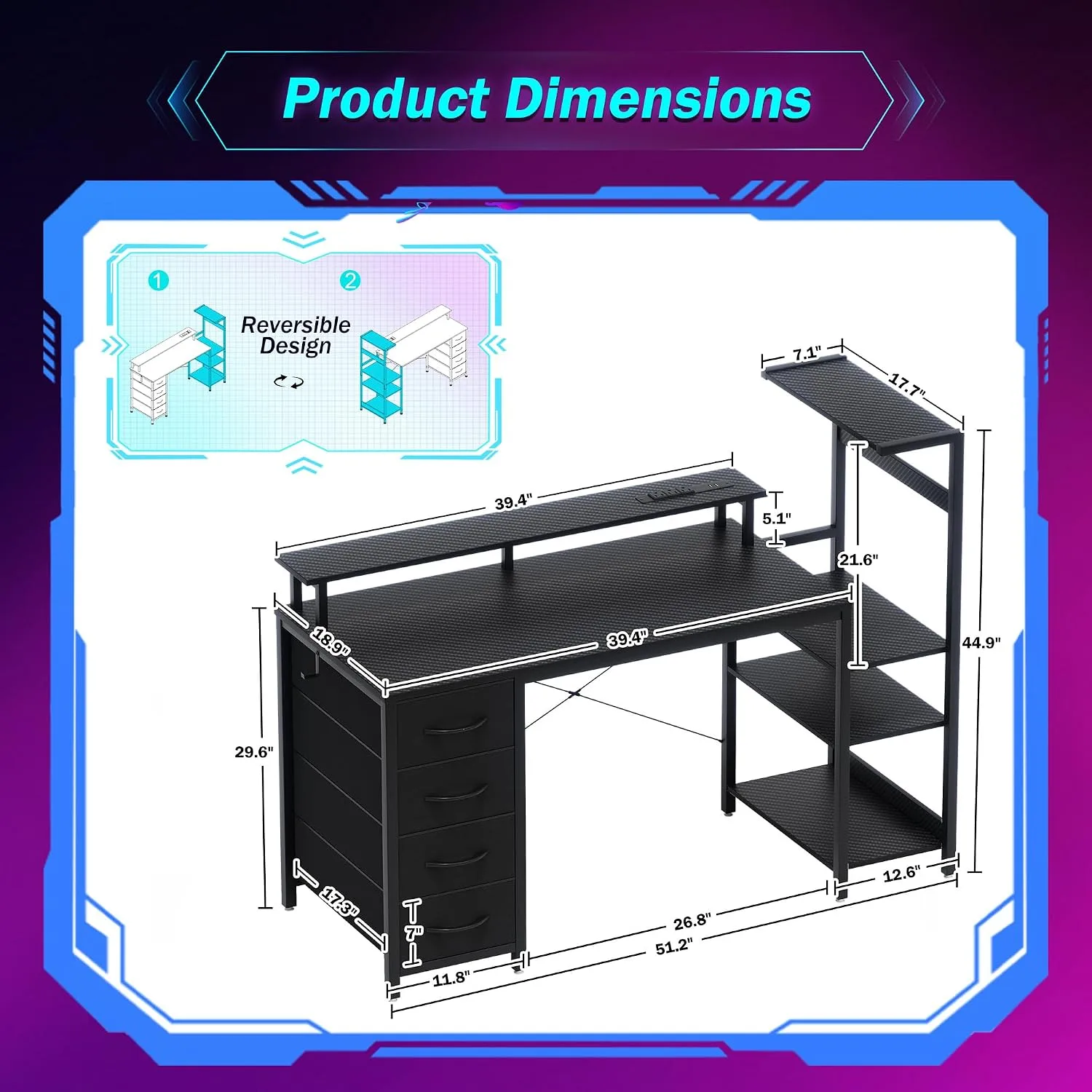 51 Inch Gaming Desk with Drawers & PC Tower Stand & LED Lights, Black