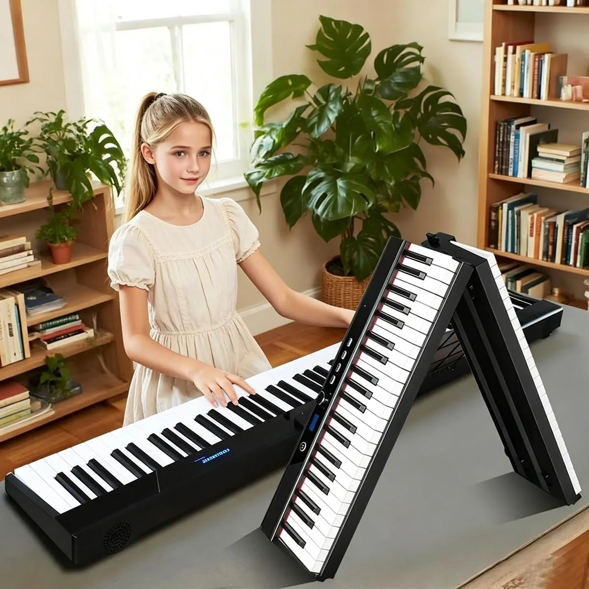 Coolmusic Folding Piano Keyboard 88 Keys, Portable Electric Keyboard with MIDI, Full Size Digital Piano, Wood Grain, Semi-Weighted, Rechargeable, with Storage Bag for Beginner