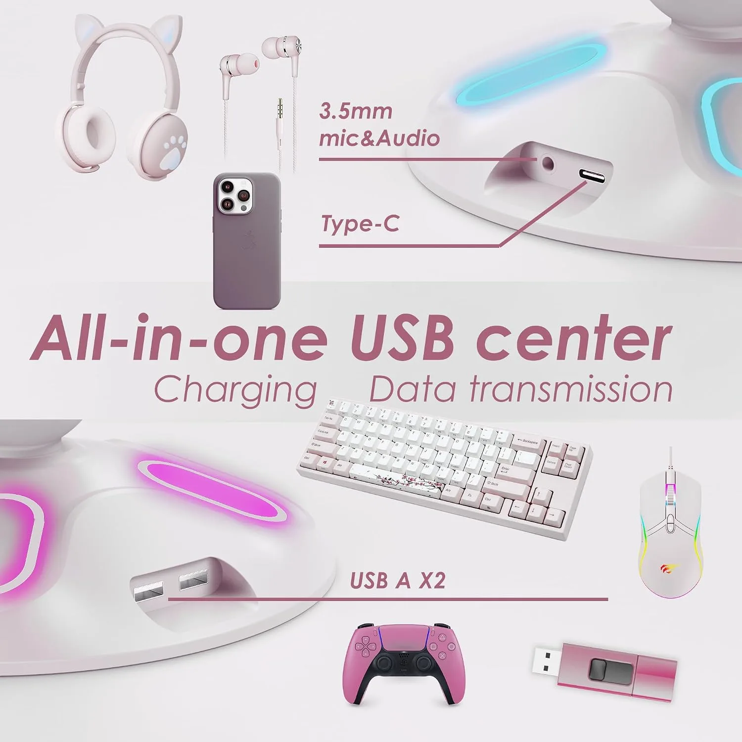RGB Headphone Stand and Controller Holder With 9 Light Modes - 2 USB Charging Ports, 3.5mm & Type-C - Hanger Accessories for Desk and Gamer (White)